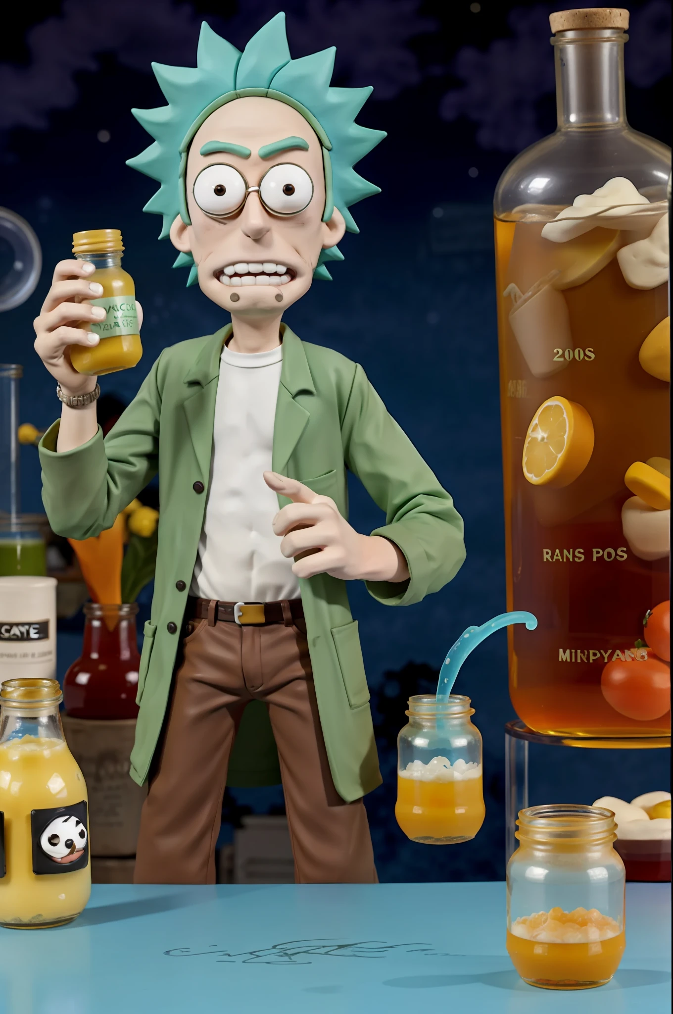 1man, (2000s anime style), Rick Sanchez, claymation working as an alchemist in a lab, holding a jar, countertop