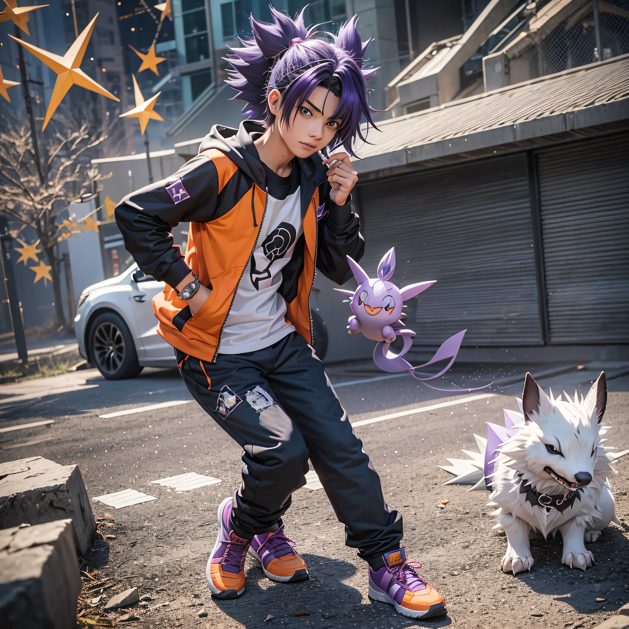 A Pokemon trainer, 16-year-old, purple and spiky hair, black sweatshirt, orange blanket, purple pants, accompanied by a linoone, breelom and a starmie. --auto --s2
