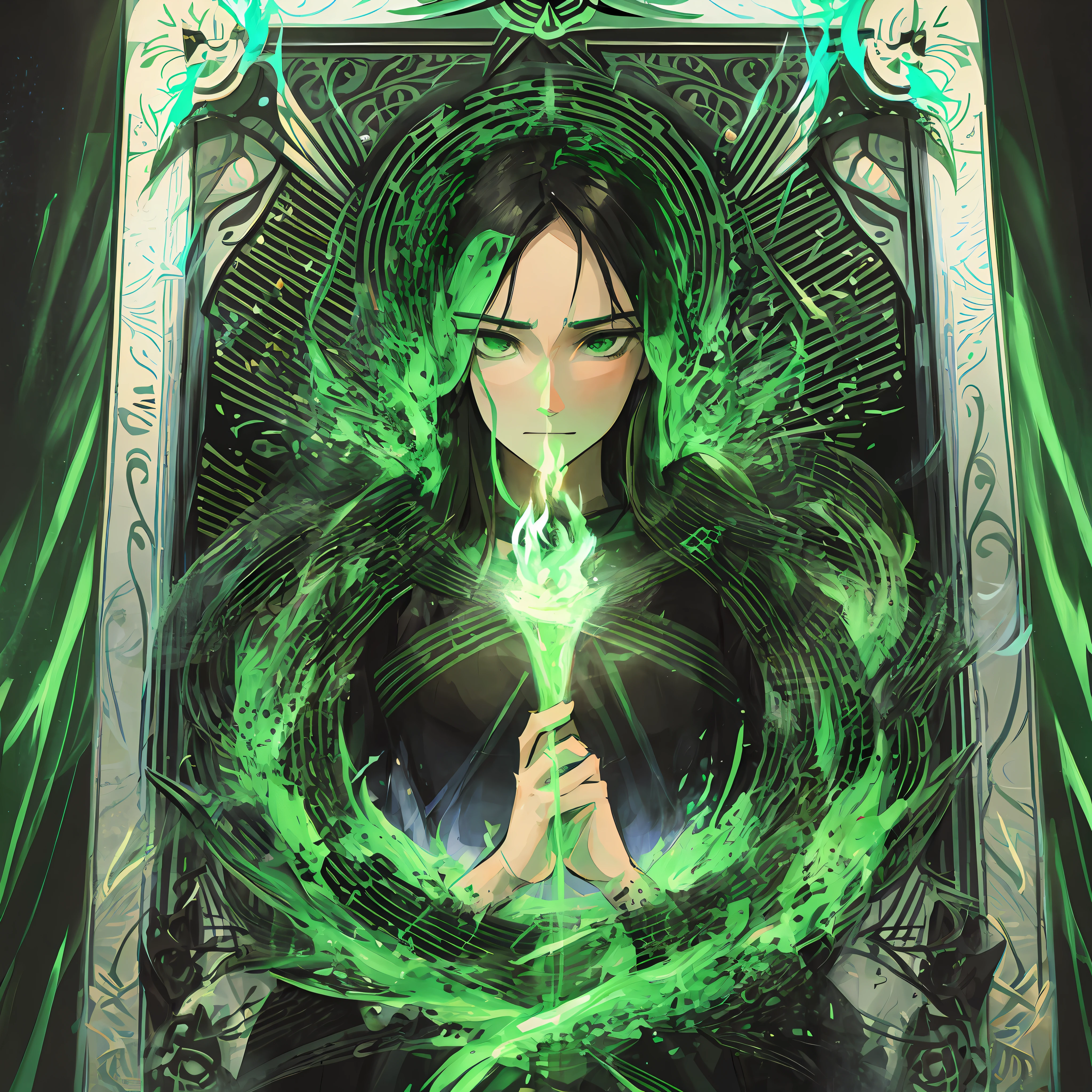 Tarot Card, Death, burning ablaze with green fire at the edges