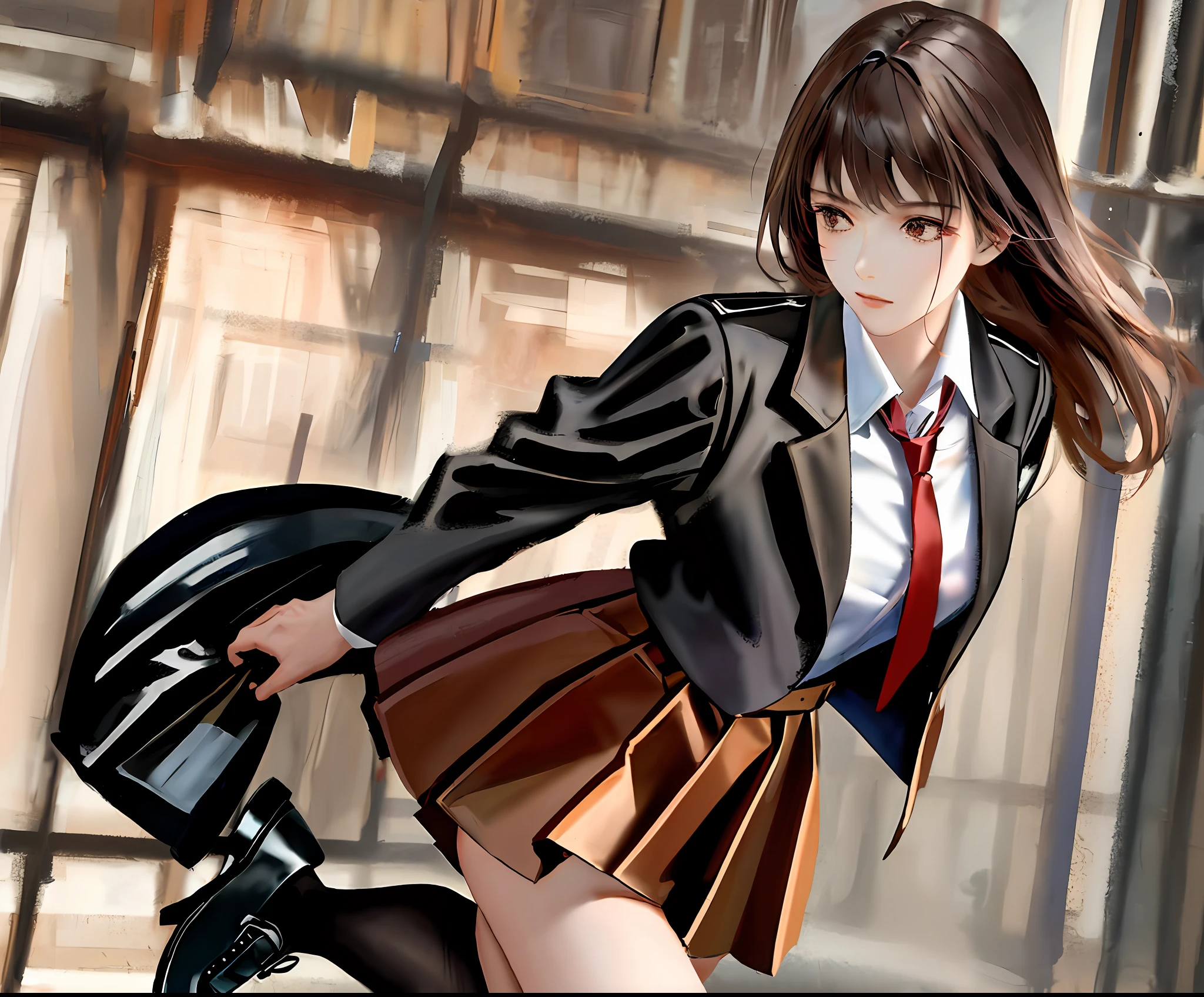 (Masterpiece: 1.2, Best Quality), Bangs, 1 girl, solo, white collar shirt, red tie, dark brown Western school uniform jacket, dark brown pleated skirt, calf socks, leather shoes, anatomical structure, brown long hair, brown eyes, slender eyes