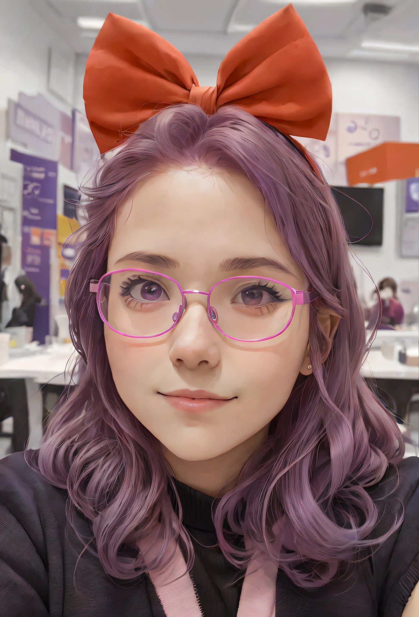 woman with purple hair wearing a red bow and glasses, twitch pennant, headshot profile picture, taken in early 2020, pokimane, wearing pink hair bow, 21 years, Valentina Remenar, 2 4 years, 2 3 years, 2 7 years, 2 9 years, 2 2 years, drawn in anime style, manga, solid strokes, drawn, cell shade,  face not stretched, big eyes --auto --s2