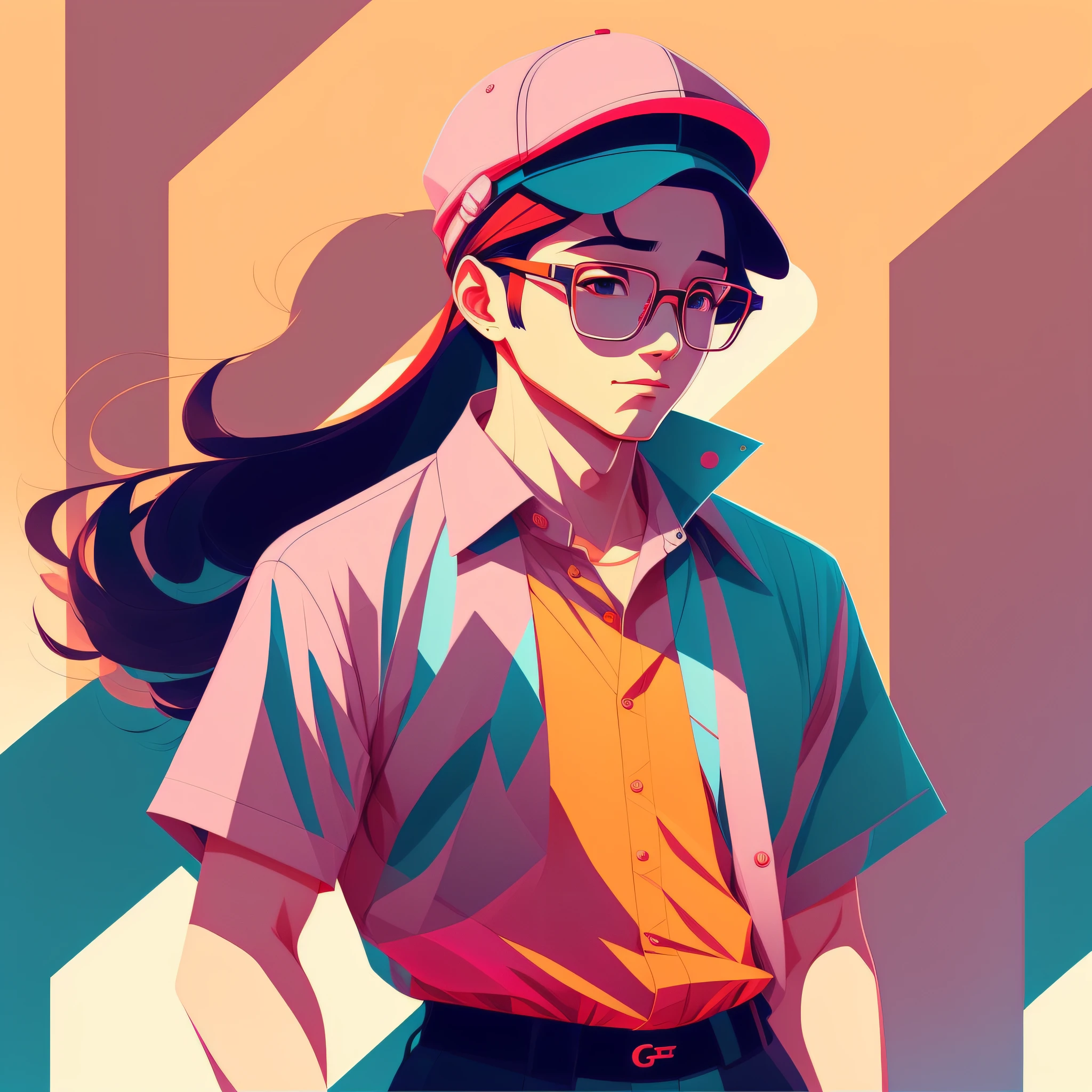 a man, in a dynamic pose, cap, glasses, long shirt, designed by Gucci::3, tumblr, inspired by Yanjun Cheng style, digital art, meme lofi internet girl, trend in dezeen, catalog photo, 3 d render beeple, rhads and lois van baarle, cartoon style illustration, bright pastel colors, a beautiful art illustration, retro anime girl --ar 2:3 --q 2