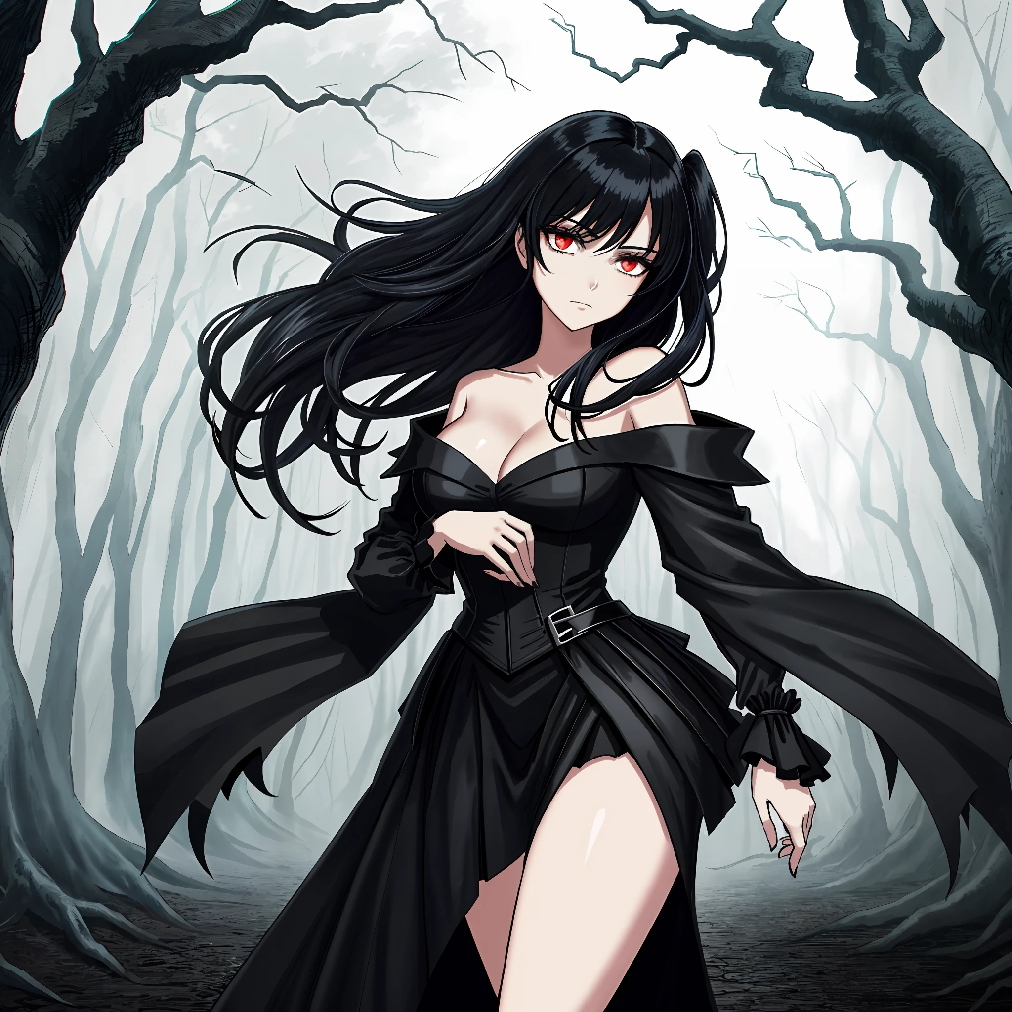 A charming girl with black hair, seductive and serene look, and voluminous breasts, dressed elegantly. She stands before a gloomy nightscape, with gnarled trees and sinister shadows. In the background, a mysterious and macabre figure lurks in the shadows, creating an atmosphere of suspense and mystery. Digital illustration, detailed art style, --ar 16:9 --v 5