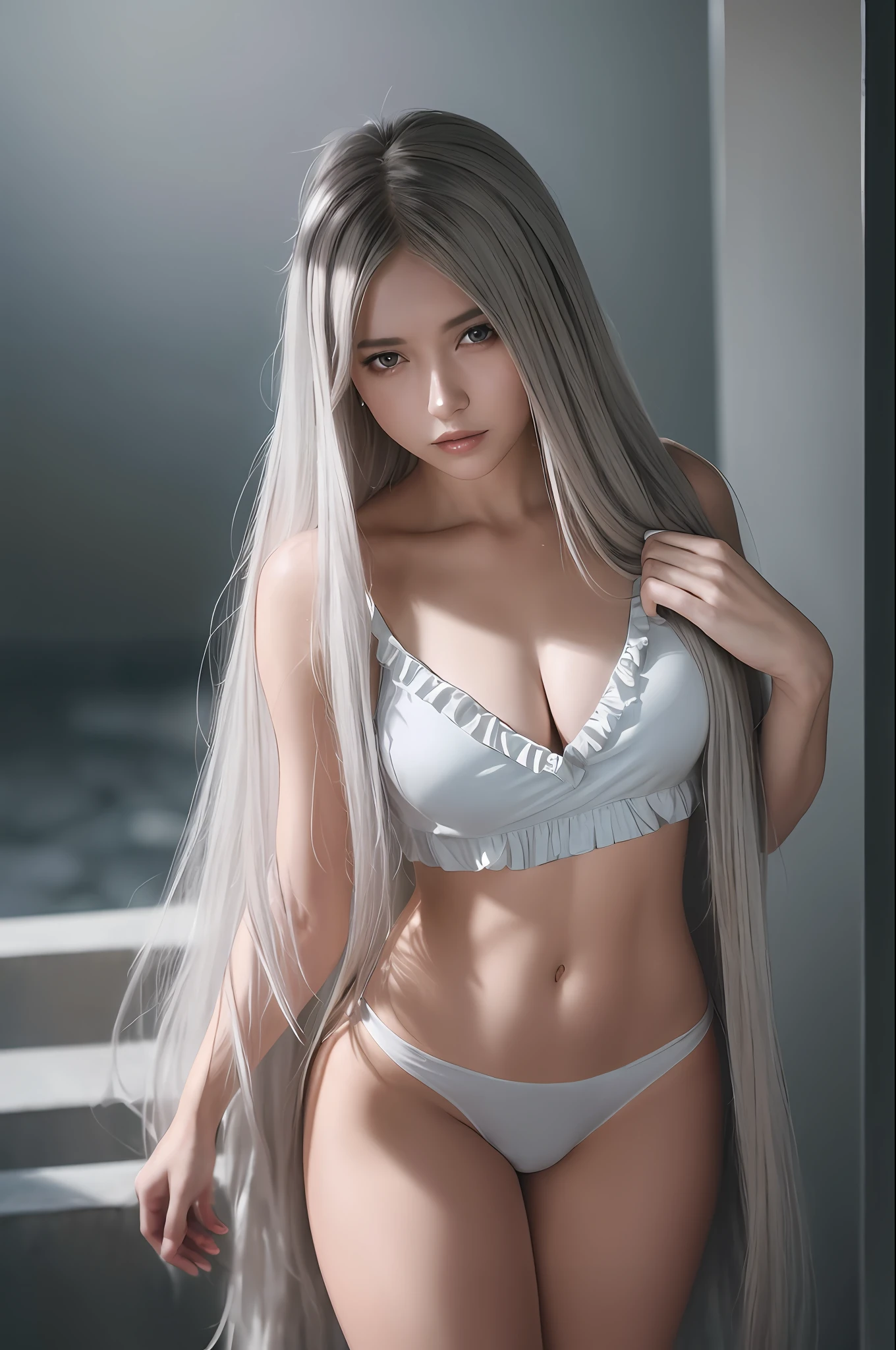 NSFW, Top Quality, Masterpiece, Ultra High Resolution, (Photorealistic: 1.4), Raw Photography, Film Grain, 1Mature Female, Long Hair, Silver Hair, Detailed Eyes and Face, Smile, Holographic Mini Dress with Ruffles, White Panties, Dynamic Lighting, Deep Shadows, Cowboy Shot