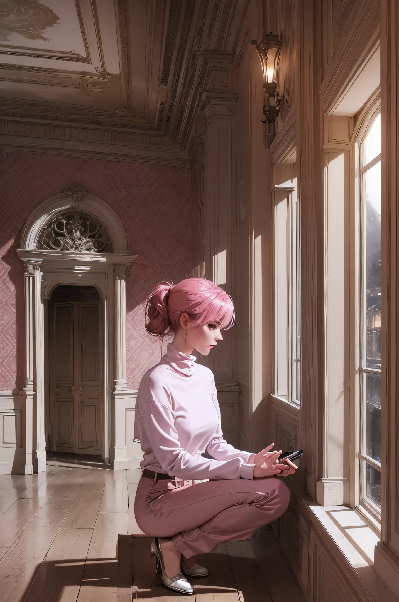 Enigmatic atmosphere, atmospheric, ethereal quality, realistic, beautiful and aesthetic, soil, groin, pink turtleneck, brown pants, (nsfw: 0.85), Democracy electric central (Bright environment, enchanting brightness, luminous lighting, ethereal atmosphere, mesmerizing brightness, evocative tones, captivating coloring, dramatic lighting, enchanting aura),