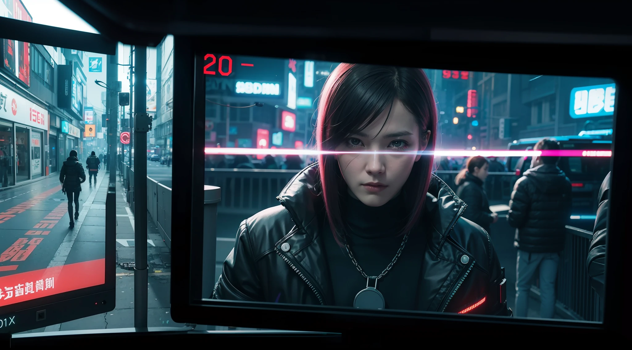 surveillance cameras and cyberpunk digital data streams, vibrant, photorealistic, realistic, dramatic, dark, sharp focus, 8k