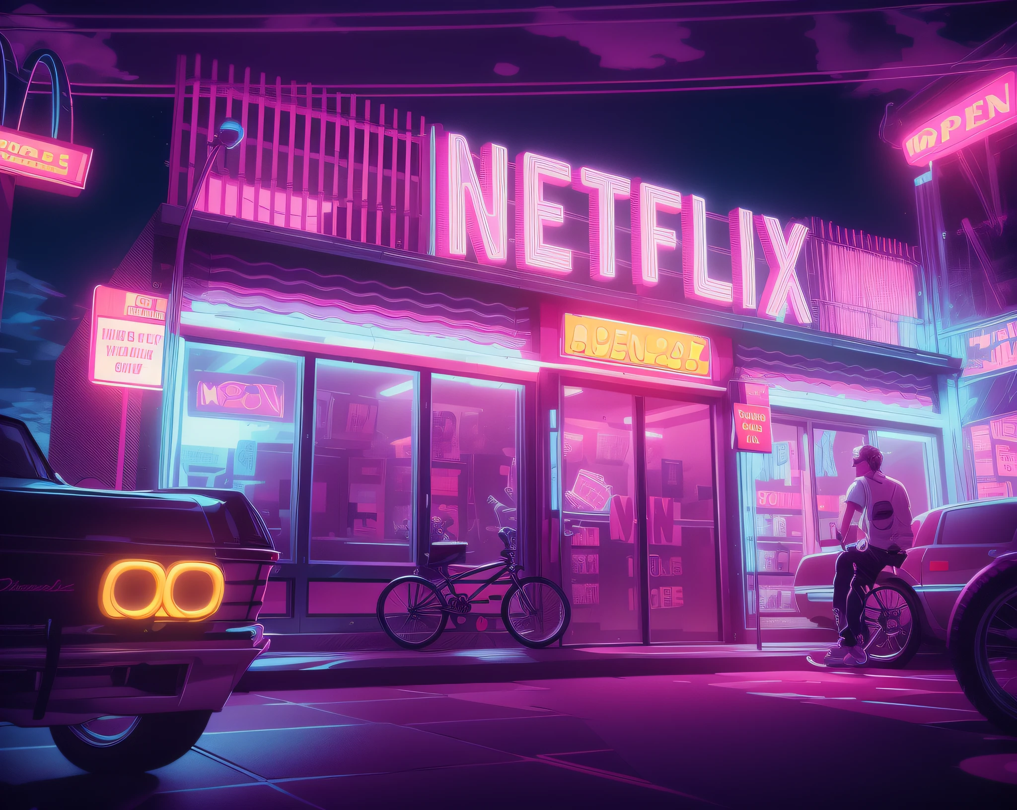 a cartoon of a man riding a bike past a mcdonald's, netflix neon logo concept art, netflix animation, netflix, jen bartel, lo-fi illustration style, lofi art, lofi artstyle, masterpiece epic retrowave art, netfilx !n-9, netflix trese, epic retrowave art, retrowave art, retro wave