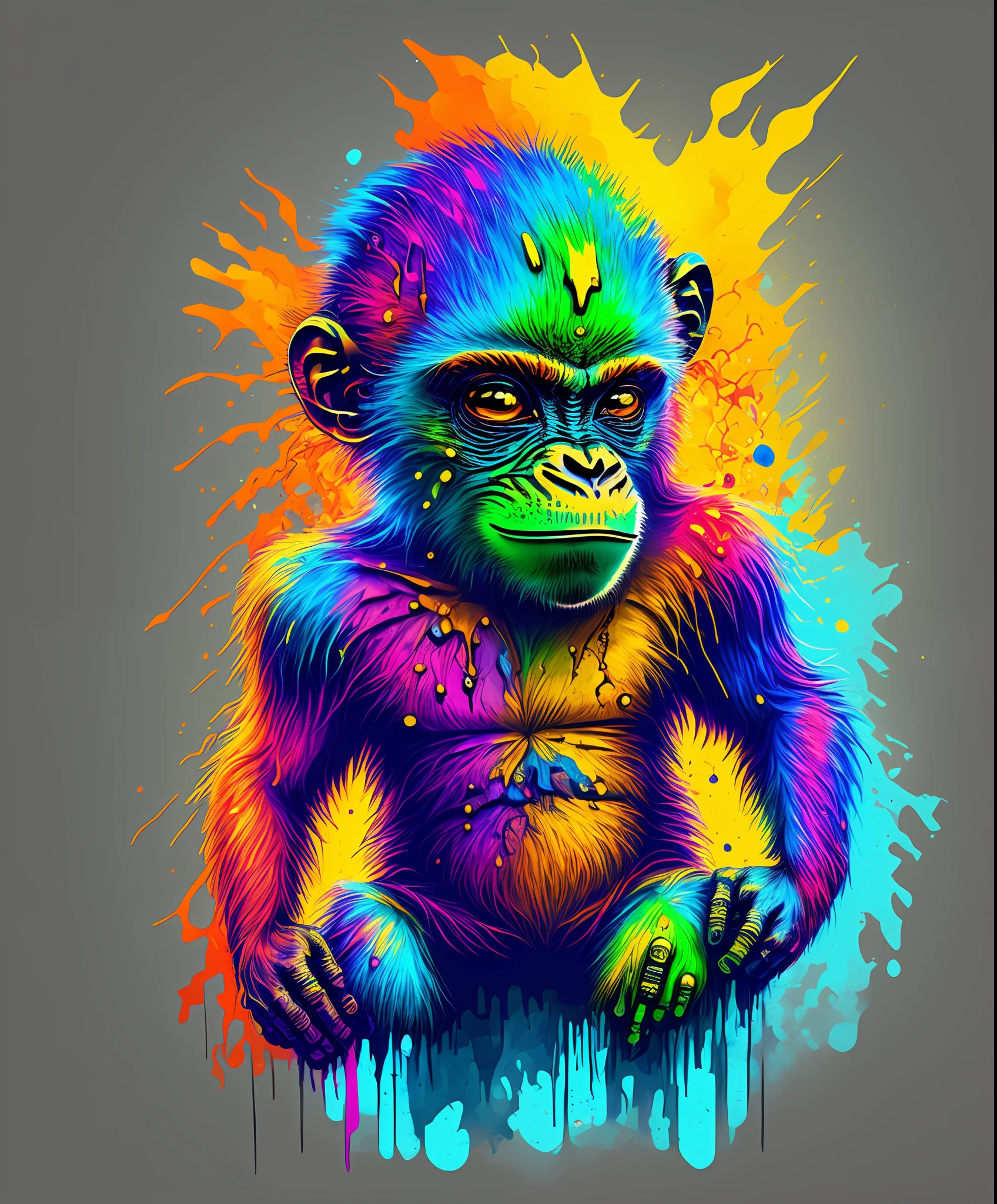 (a portrait of Cyberpunk Monkey with colored fluid), T-shirt logo in tapered thin outline style, spell view, artwork in (empty background:1.4)