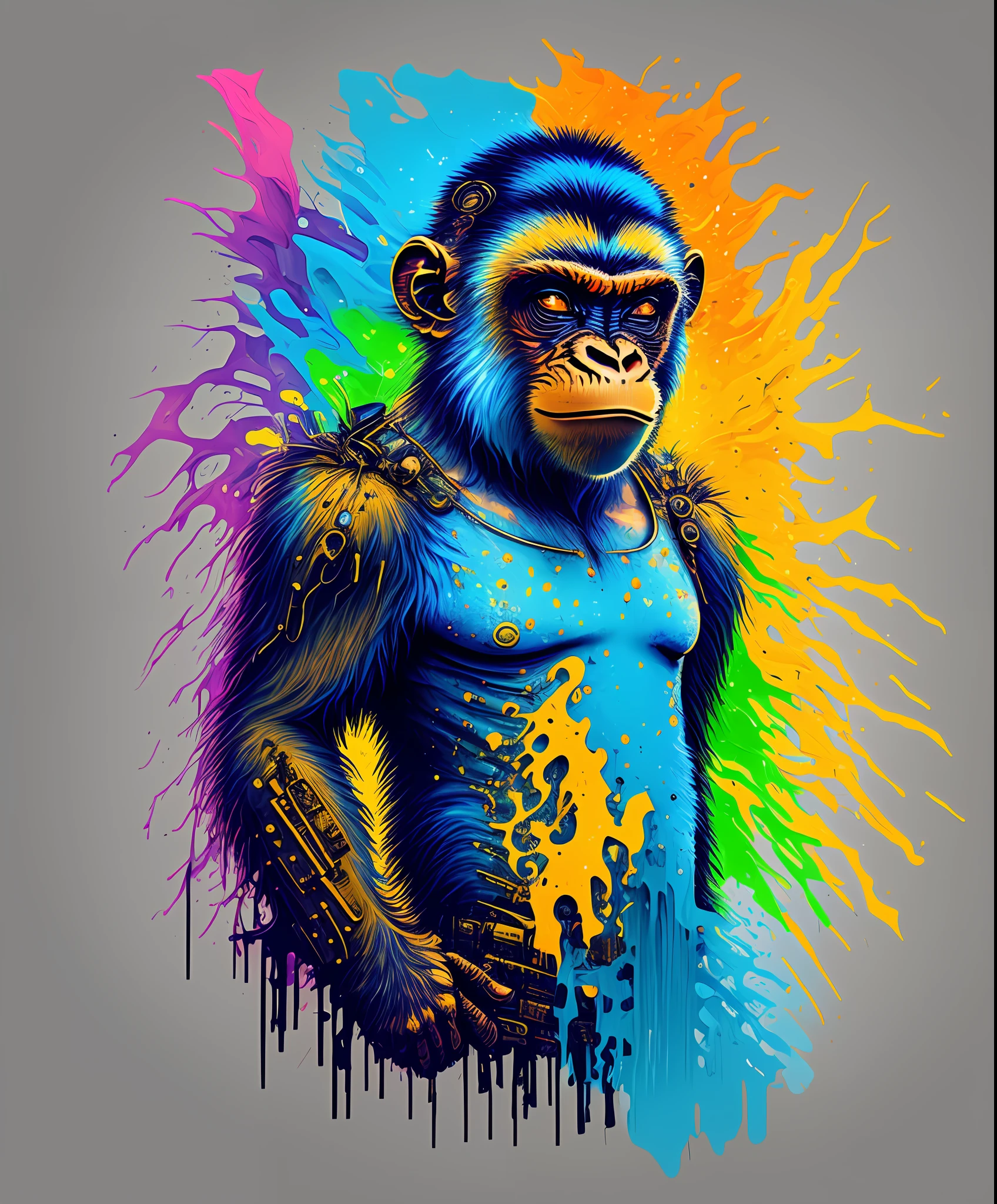 (a portrait of Cyberpunk Monkey with colored fluid), T-shirt logo in tapered thin outline style, spell view, artwork in (empty background:1.4)