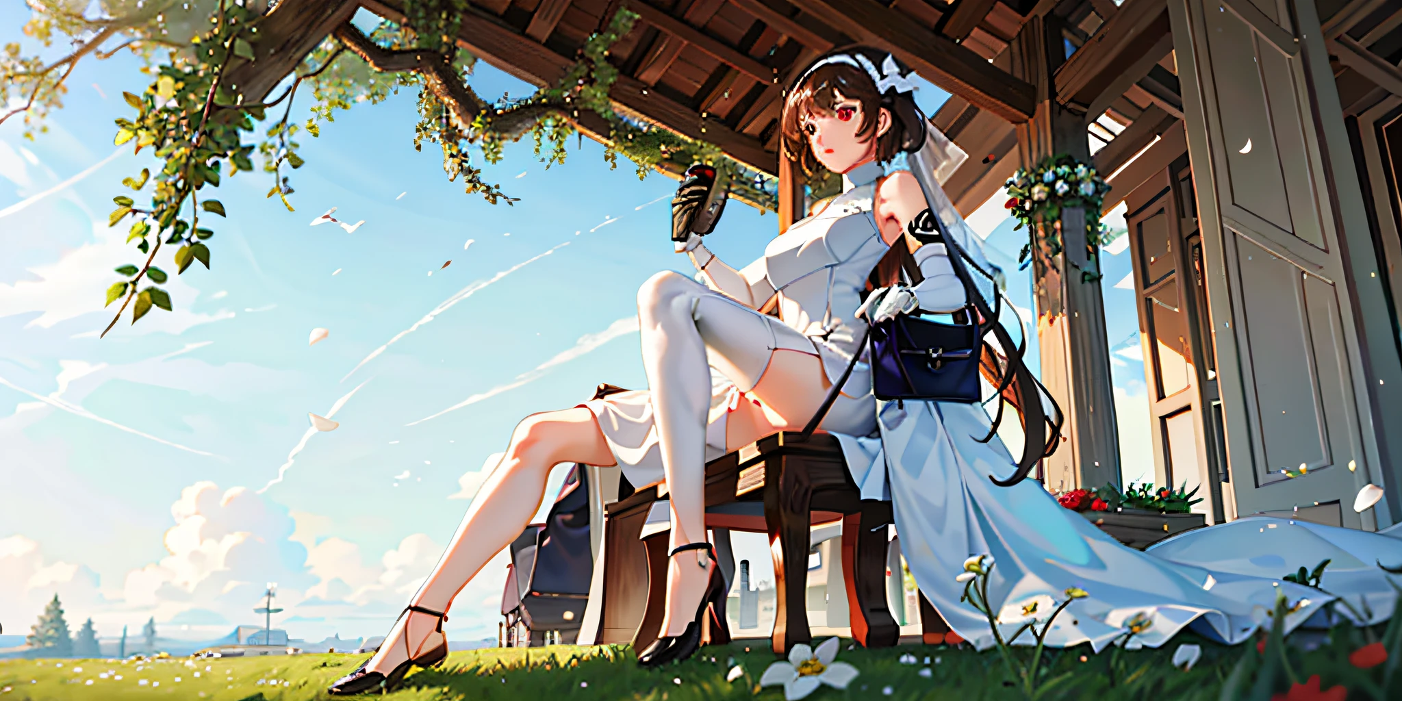 Masterpiece, Superb Detail, Super Meticulous, (Hand Detail Drawn), 1Girl, Solo, Solo Focus, Full Body, (White Wedding Dress: 1.5), (Long Dress), Bridal Veil, White Stockings, White High Heels, Elbow Gloves, Red Eyes, Brown Hair, Short Hair, Flowing Hair, Outdoor, (On the Grass: 1.2), Blue Sky, Trees, Flowers, Church, Sitting,