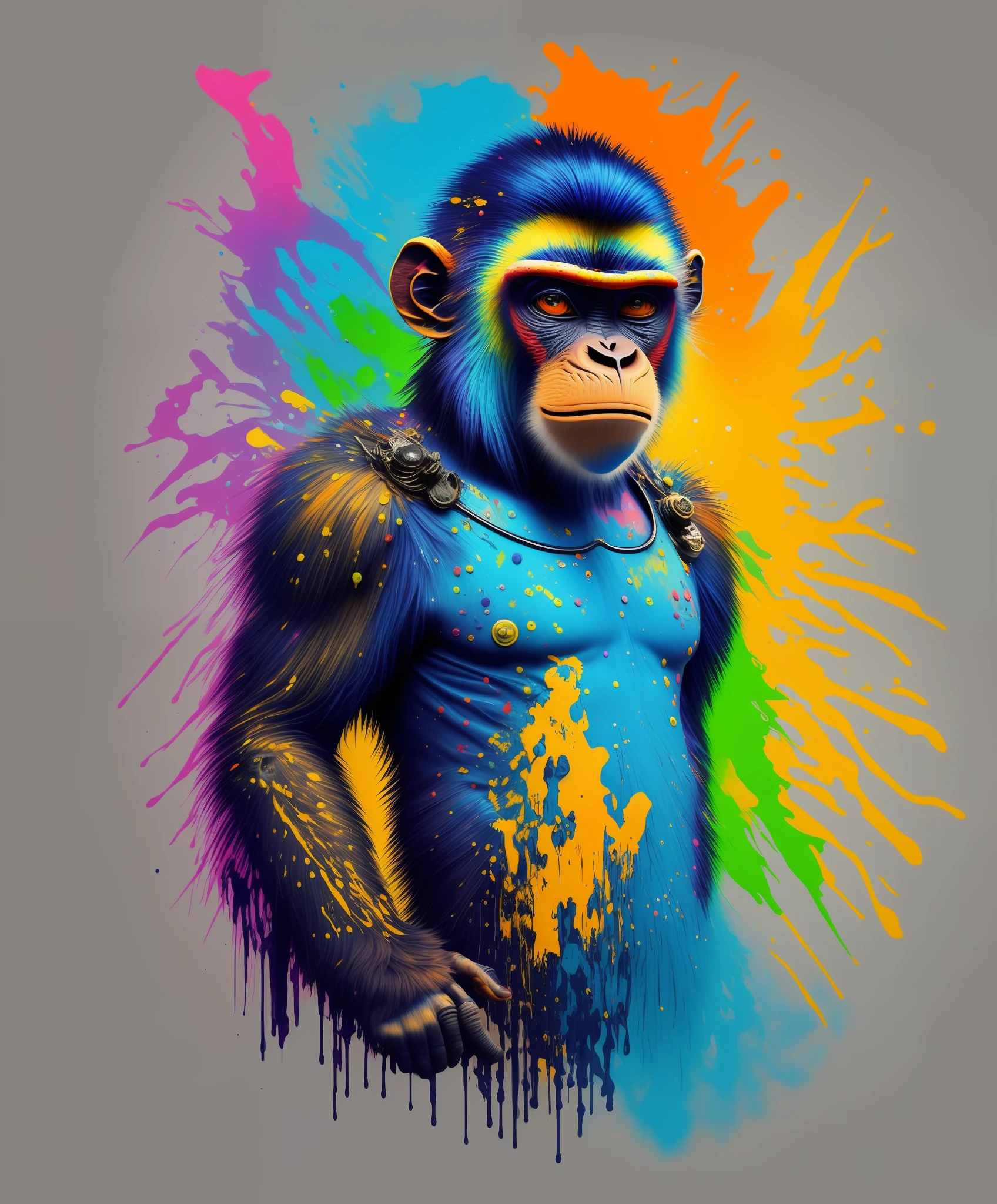 a brightly colored monkey with a rainbow paint splatter on his chest, art of alessandro pautasso, extremely high quality artwork, bright colors highly detailed, humanoid monkey fantasy race, inspired by Alex Petruk APe, by Alex Petruk APe, multicolored tshirt art, stunning artwork, portrait of chimpanzee in space, painted in bright water colors
