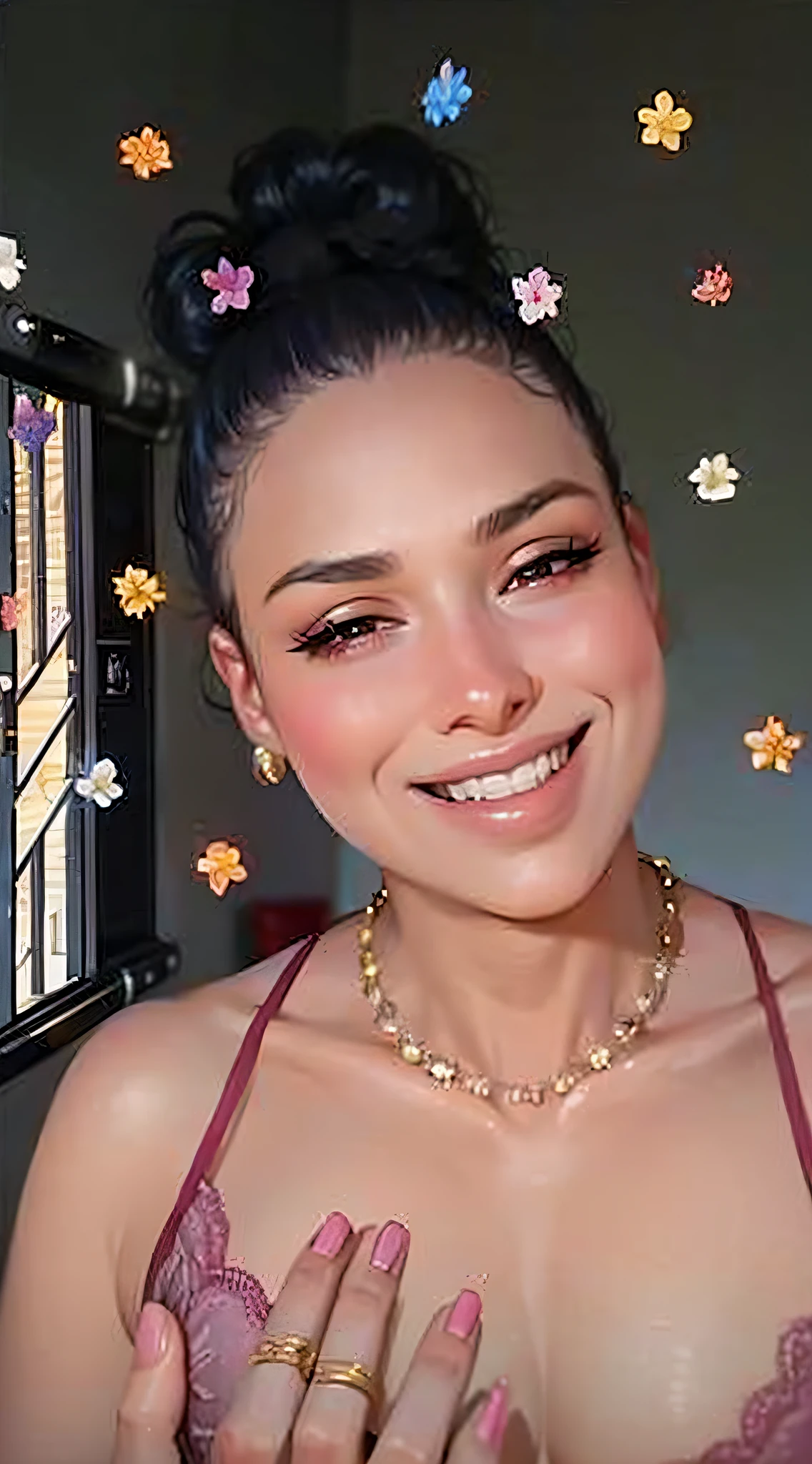 There is a woman with a pink lace dress and a necklace of sparkles, is smiling, 25-year-old woman from Cuba, Imane Anys, looks like Fabiula Nascimento, Alanis Guillen, fair skinned, Violet Myers, by Gina Pellón, Instagram post, profile picture, Malika Favre, ayahausca, with brown skin curly hair curled up on top of the head, sexy and seductive look, with ultra realistic and detailed eyes, skin texture with ultra HD quality, a gold ring bricno, lips with pink lipstick, ultra realistic 4k skin texture