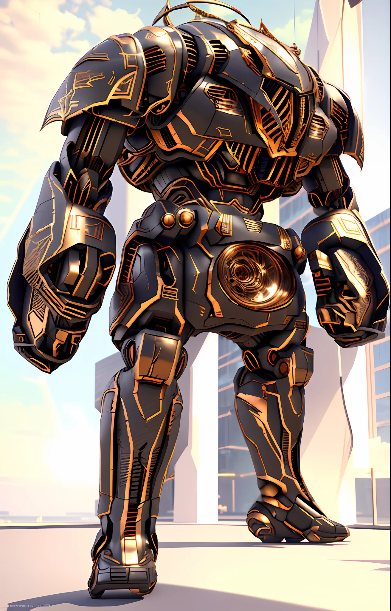 stylish aircraft, (huge humanoid robot with complex structure), 300 meters tall robot, fine and shiny complex parts, high definition, detailed drawing, 8K, (((black body)), peeking out of the building, urban, ground battle, mobile warrior, deck up, sophisticated form, holding a large firearm in your right hand, masterpiece, highest quality, high quality, high resolution, high quality texture, High Quality Shadows, High Detail, Cinematic Lights, Side Lights, Ray Tracing, Sharp Focus, Gundam,
