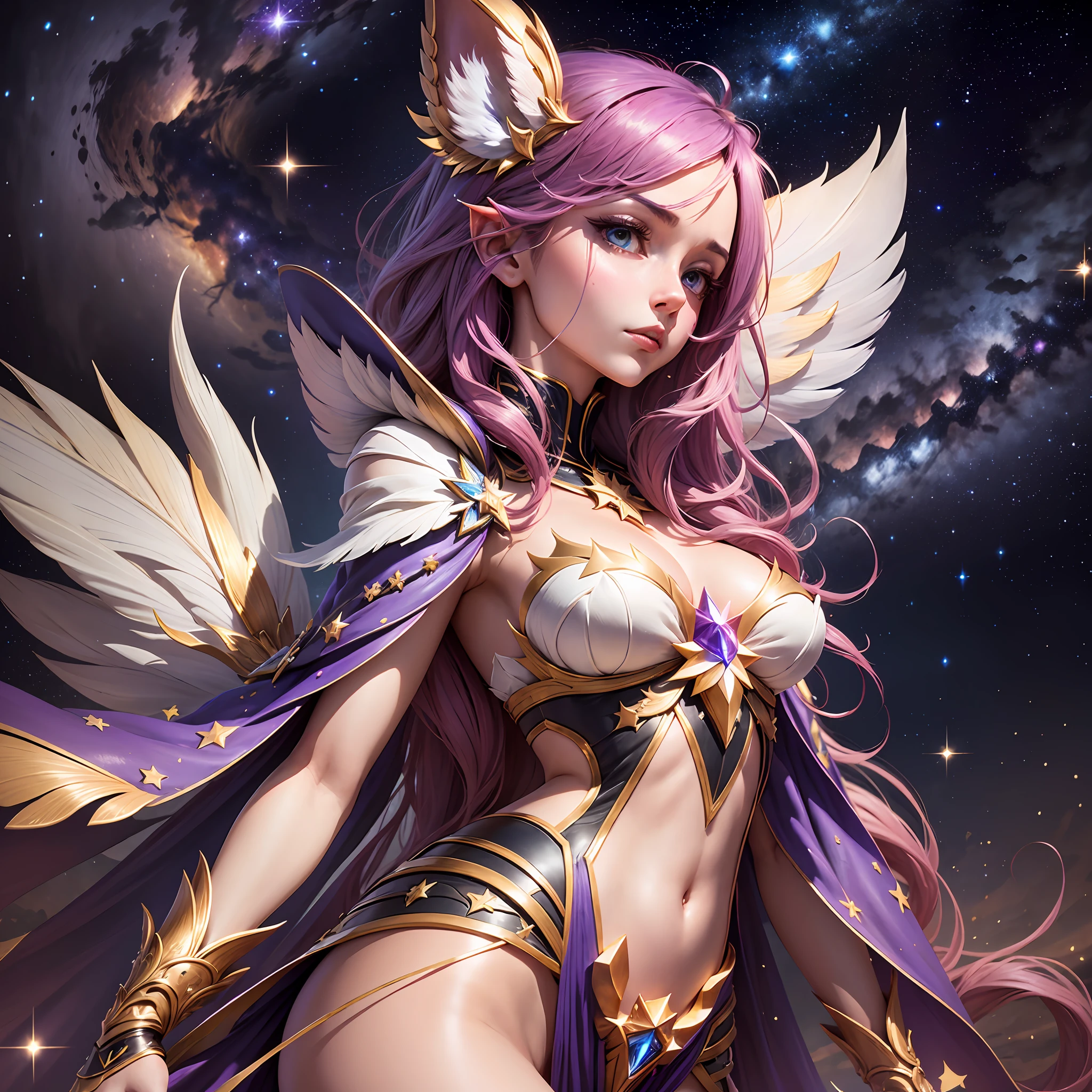 "(masterpiece, best quality), intricately detailed, a single character standing tall as Star Guardian Xayah, set against a backdrop of the Earth, Milky Way, and twinkling starry skies." --auto --s2