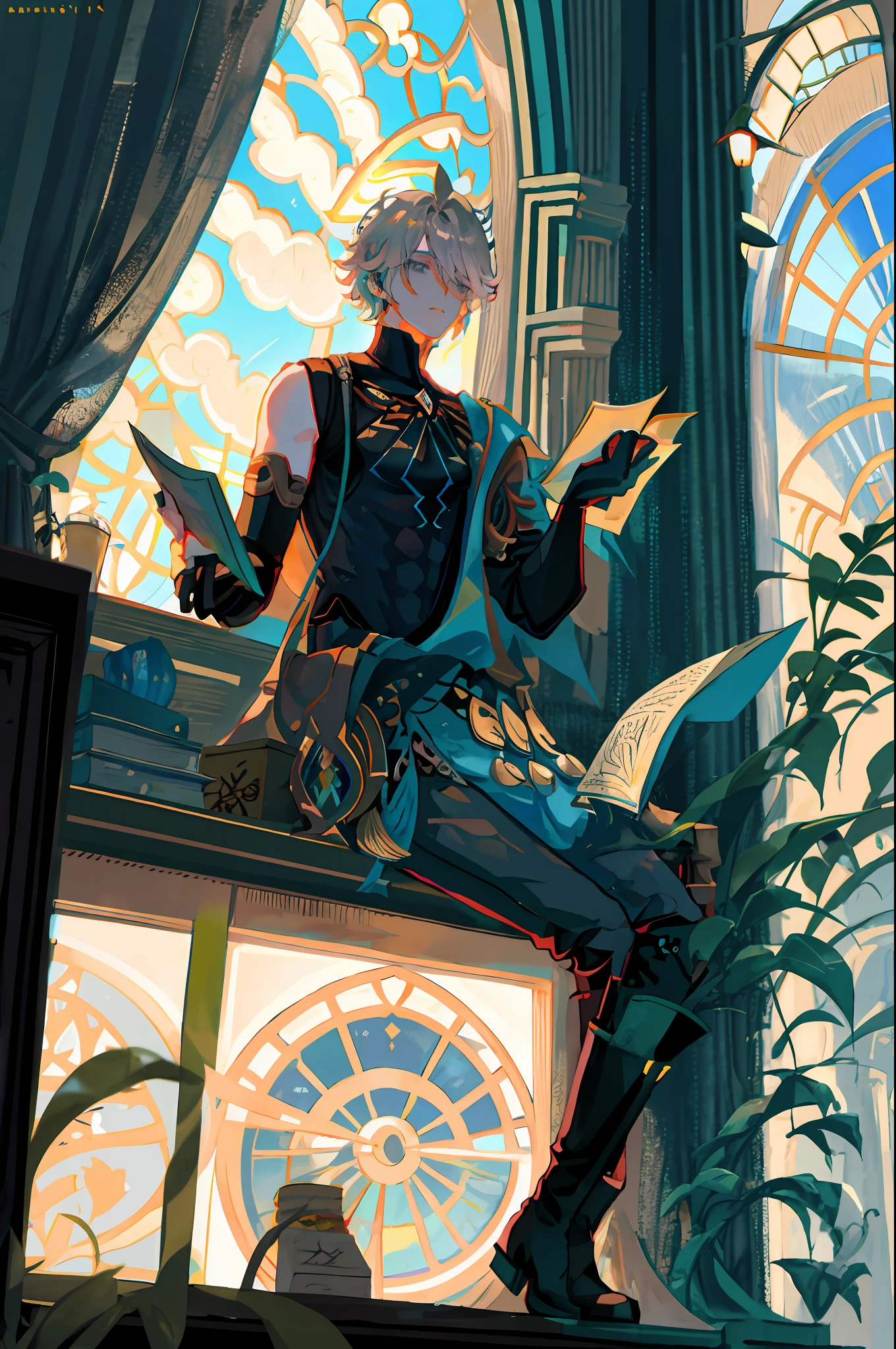 masterpiece, best quality,alhaitham\(genshin impact\), 1boy, male focus, window, book, shirt, solo, gloves, sleeveless shirt, sitting, grey hair, sleeveless, holding, ahoge, curtains, holding book, black shirt, open book, bangs, hair over one eye, black gloves, indoors, fingerless gloves, black pants, pants, swept bangs, boots, bare shoulders, short hair, blurry, knee up, elbow gloves,(kbxll:0.6)