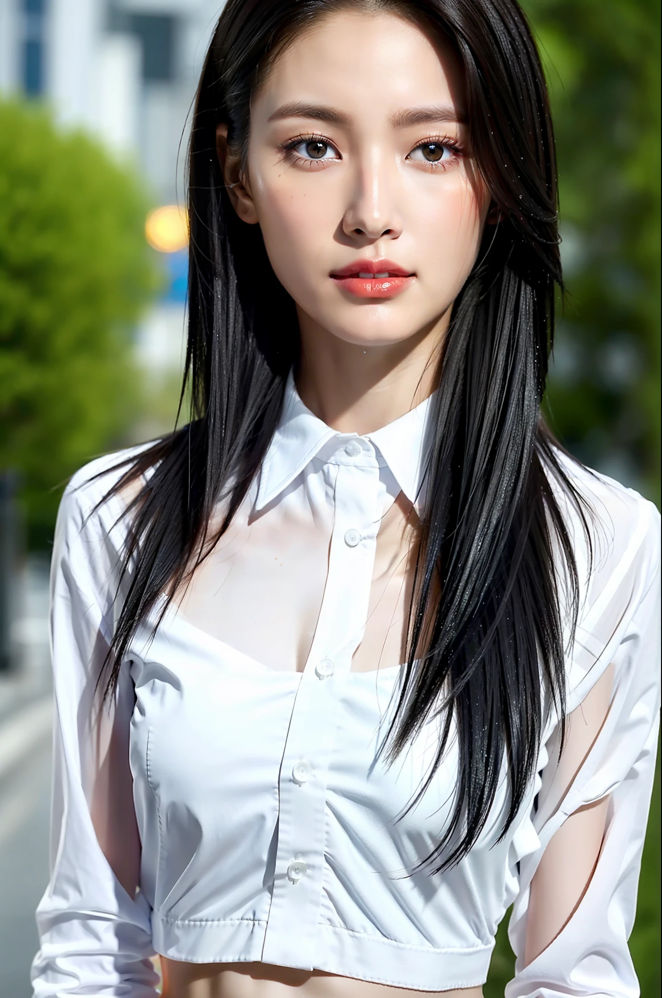 ((Best Quality, 8K, Masterpiece: 1.3)), Sharp: 1.2, Perfect Body Beauty: 1.4, Slim Abs: 1.2, ((Layered Hairstyle, Big Breasts: 1.2)), (Wet White Button Long Shirt: 1.1), (Rain, Street: 1.2), Wet: 1.5, Highly detailed face and skin texture, detailed eyes, double eyelids, side face looking at the camera