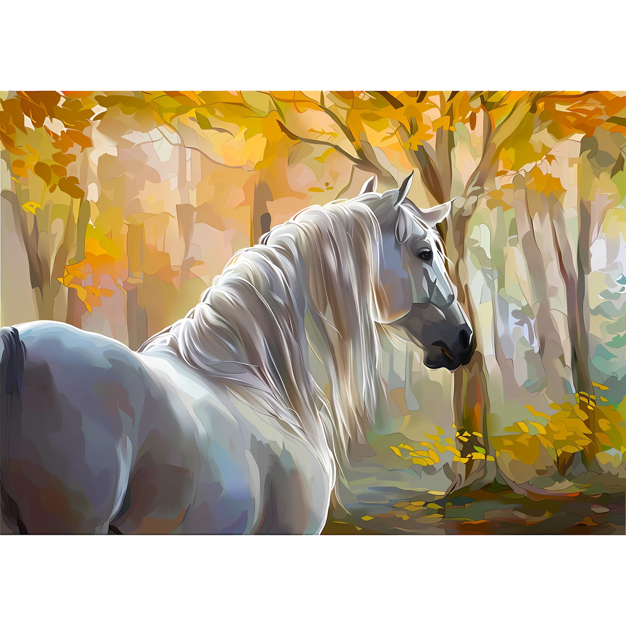 painting of a white horse in a forest with trees and leaves, white horse, a horse, beautiful serene horse, majestic looking in the forest, magical scene, beautiful painting from a high, elegant digital painting, high quality digital painting, majestic painting, a white silver painting, beautiful autumn spirit, digital painting with airbrush, digital oil painting with airbrush