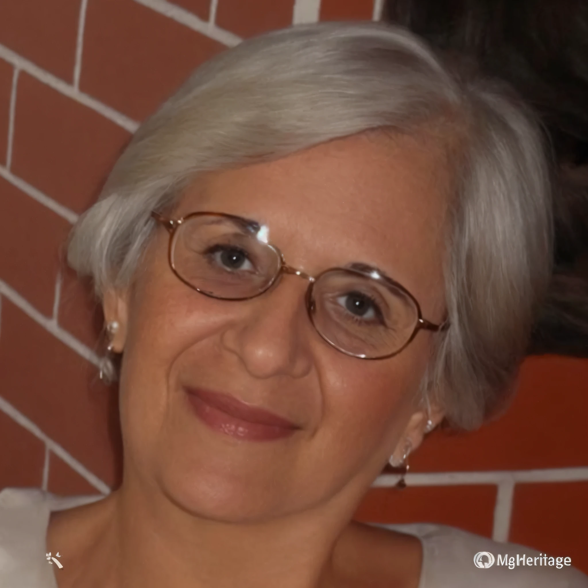 A closeup of a woman in glasses and a white shirt, taken in the late 2010s