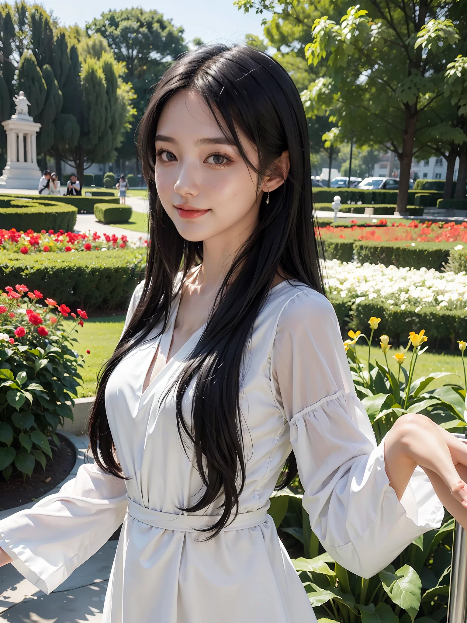 1 girl,(long black hair), white dress, light smile, shiny skin
Best quality, masterpiece, (photorealistic: 1.4), park, flower garden