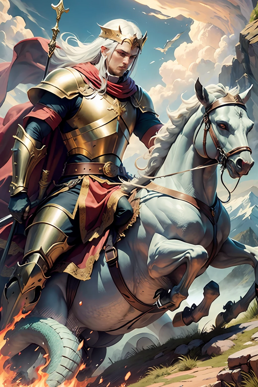 create image of St. George the warrior, saint of the Catholic Church fighting a dragon on a mountain --auto --s2