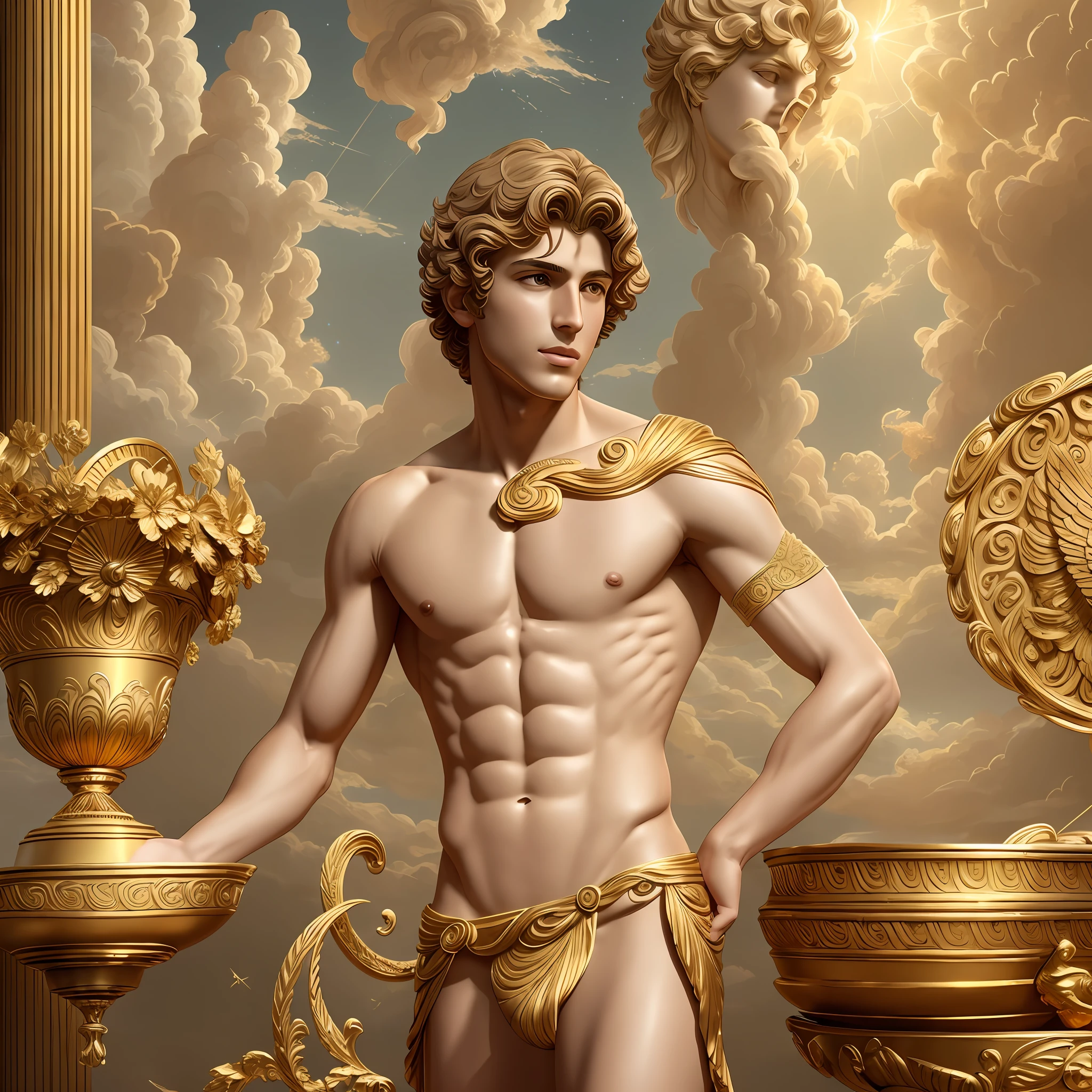 Ganymede, Greek male, youthful and graceful, young boy, delicate body, slender body, weak body, delicate chest, wearing ancient Greek attire, pouring nectar from a golden jug, short golden curly hair, intricate, elegant, highly detailed, digital painting, art by artgerm, artstation concept art, surrounded by celestial clouds in Mount Olympus, best quality, full body, one person