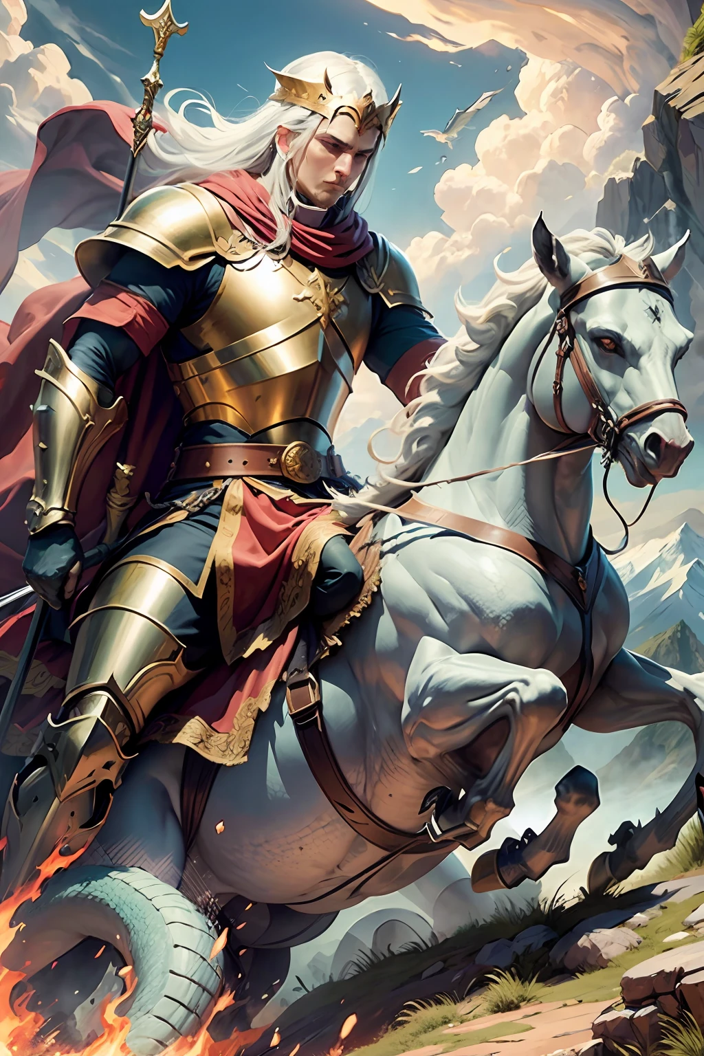 create image of St. George the warrior, saint of the Catholic Church fighting a dragon on a mountain --auto --s2
