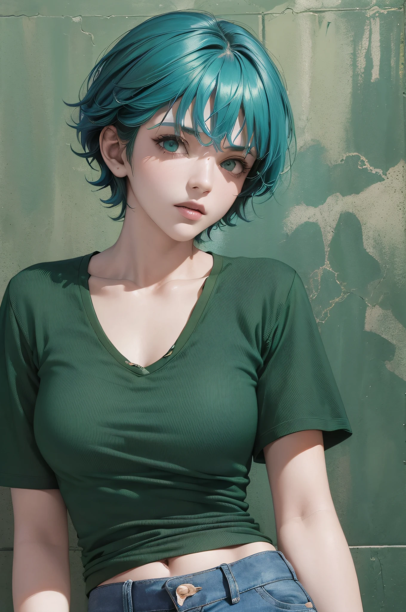Araffe with blue hair and a black shirt is posing for a photo, with tiled clothes, with short hair, official product image, t-top, short sleeves, green shirt, open chest V clothes, short and tight jean shorts, blue uniform, in a teal dark polo shirt, ( ( ( dark green, with torn cut t-shirt, mid shot portrait, casual green clothing, turquoise