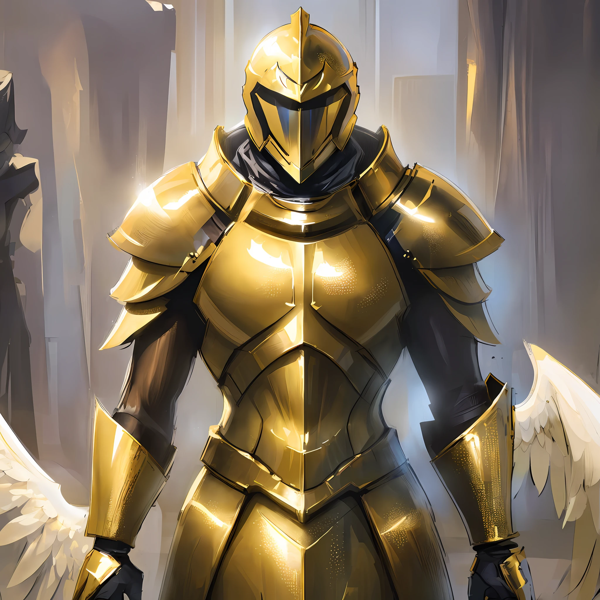 (An angelic golden fully-armored knight with a shiny surface, wearing a mysterious helmet without a face, faceless and extremely buff and tall)