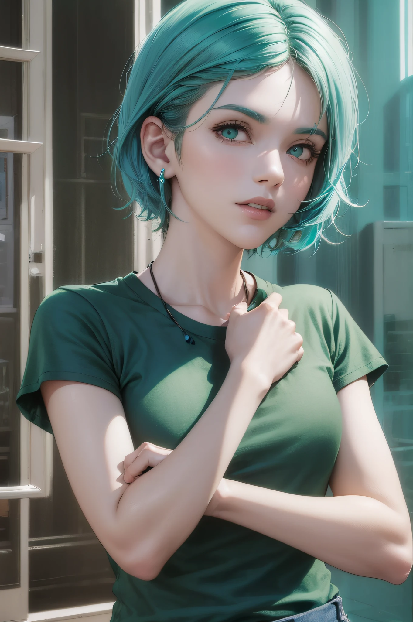 Araffe with blue hair and a black shirt is posing for a photo, with tiled clothes, with short hair, official product image, t-top, short sleeves, green shirt, open chest V clothes, short and tight jean shorts, blue uniform, in a teal dark polo shirt, ( ( ( dark green, with torn cut t-shirt, mid shot portrait, casual green clothing, turquoise
