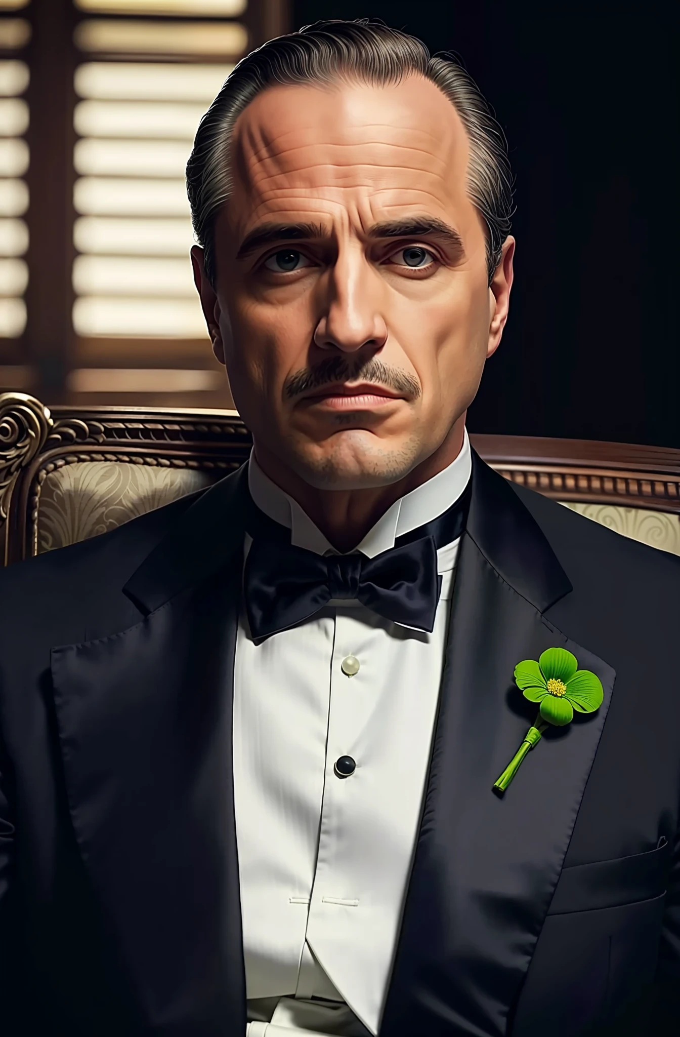 A closeup of a man in a tuxedo with a flower on his lapel, such as The Godfather, The Godfather, scene from the movie The Godfather, Green suit and bow tie, Epic and elegant portrait, 4K masterpiece, 4K masterpiece, Profile picture,