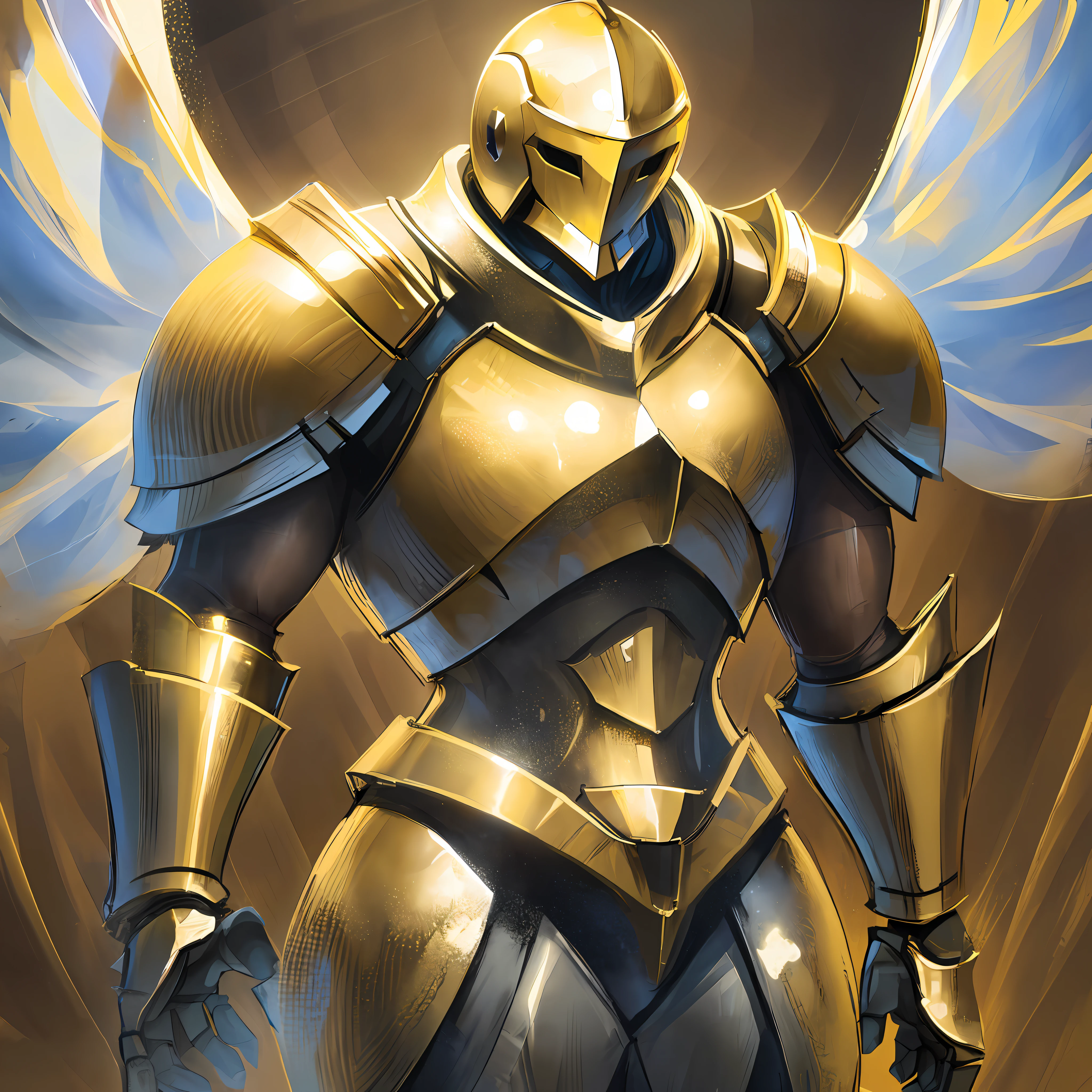 (An angelic golden fully-armored knight with a shiny surface, wearing a mysterious helmet without a face, faceless and extremely buff and tall)