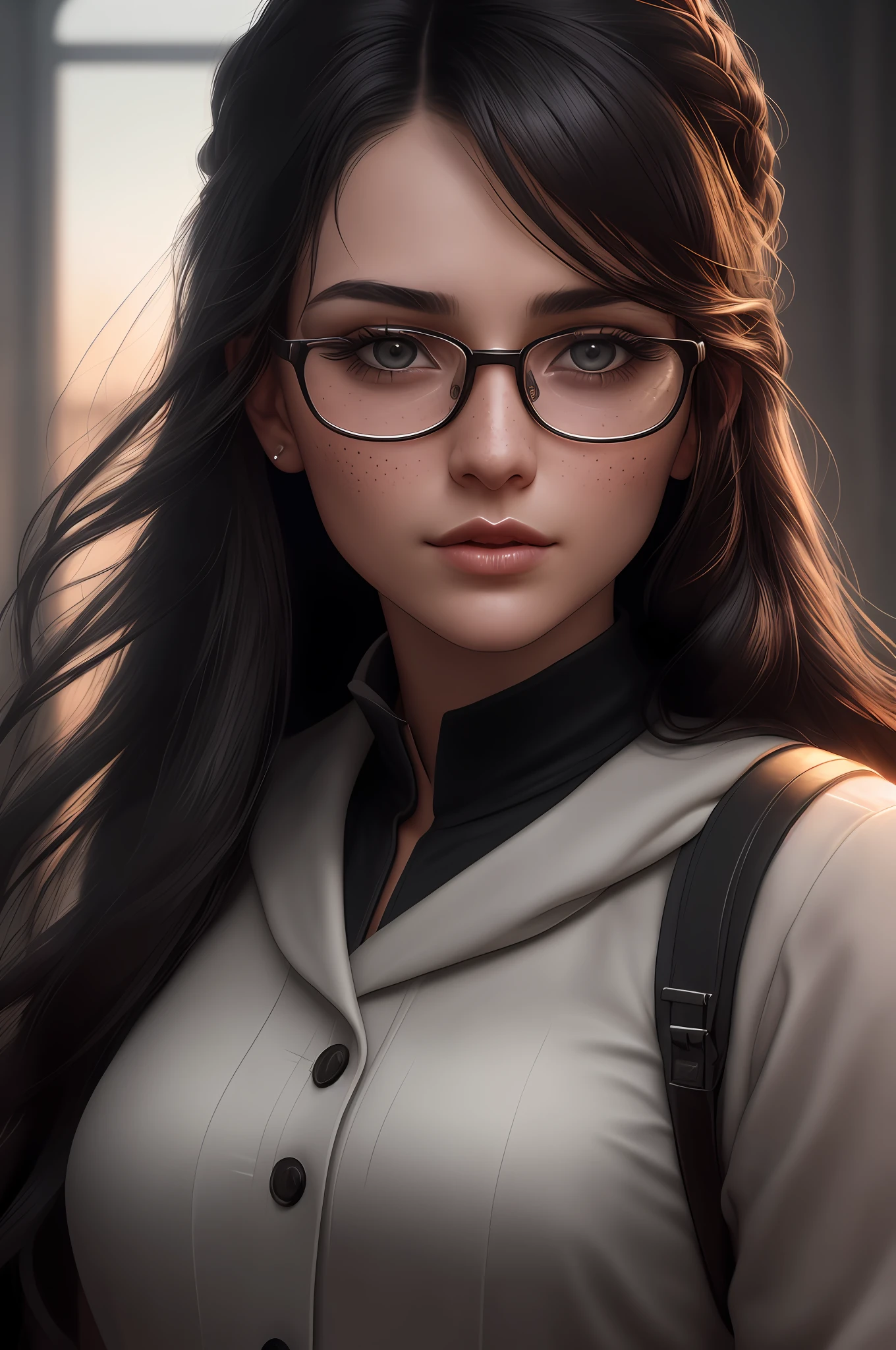 ukrainian woman, chestnut hair,
detailed face, upper body, 3/4shot, (closeup:0.9), (skin pores:1.1),
4k, hyperrealism, realistic, hyperrealistic, high resolution, in the art style of Filip Hodas, 35mm lens, cinematic, soft lighting, epic realistic, faded, ((neutral colors)), (hdr:1.5), muted colors, pastel, warm lights, dramatic light, complex background, (by Irakli Nadar), rutkowski, intricate details, hyperdetailed, magnificent, elegant, cinematography,
light smile,
steampunk engineer, round glasses, notepad,
dark victorian factory interior in the background,