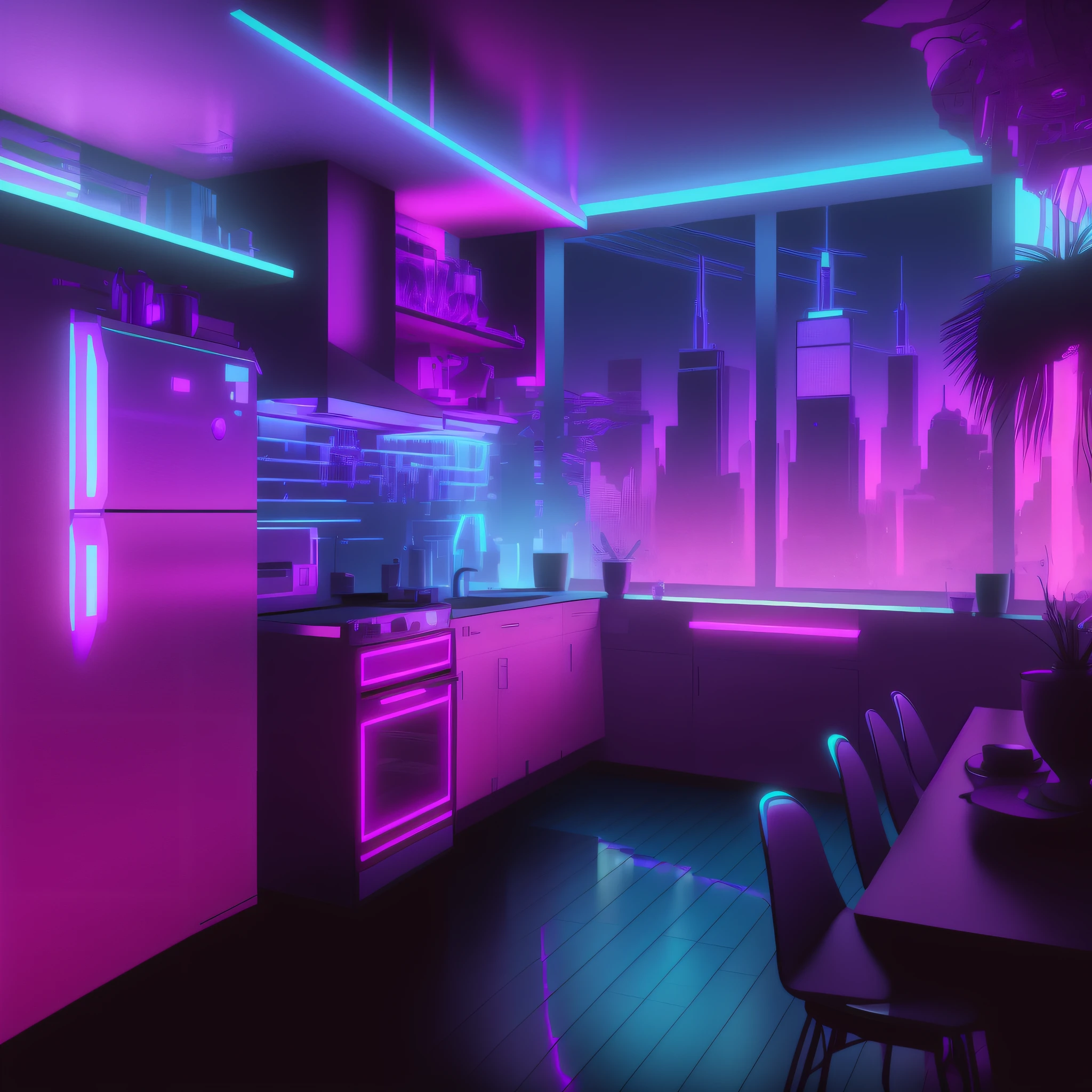 purple and blue kitchen with a view of the city, cyberpunk apartment, synthwave aesthetic, cyberpunk vibe, the cyberpunk apartment, vaporwave lighting style, cyberpunk aesthetics, cyberpunk vibes, synthwave style, beeple colors, cyberpunk aesthetic, synthwave city, beeple style, synthwave colours, synthwave colors, in style of beeple