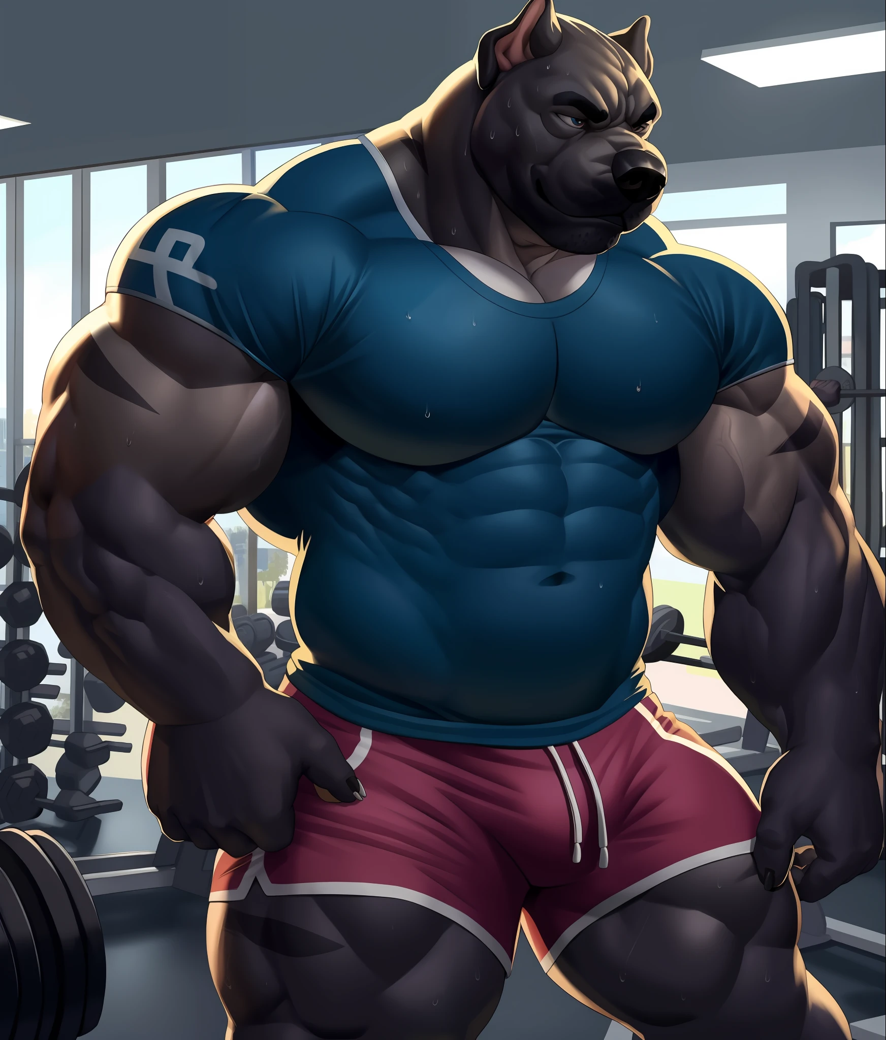 solo, anthro (cane Corso, mastiff, pit Bull), full body ears of varying colors, white belly, detailed eyes, workout t-shirt, Gym,: 1.6, sweat, heavy breathing: 1.5, correct hand, correct anatomy, biceps, (muscular) veins by the body little volume of the private parts (shorts with stripes, pattern: 1.2), Gym background, 8k hd, dark shadows.