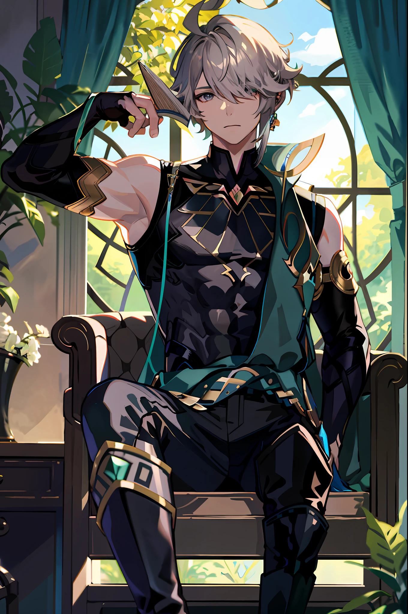 masterpiece, best quality,alhaitham\(genshin impact\), 1boy, male focus, window, book, shirt, solo, gloves, sleeveless shirt, sitting, grey hair, sleeveless, holding, ahoge, curtains, holding book, black shirt, open book, bangs, hair over one eye, black gloves, indoors, fingerless gloves, black pants, pants, swept bangs, boots, bare shoulders, short hair, blurry, knee up, elbow gloves,(kbxll:0.6), detailed, focus on face, accurate face