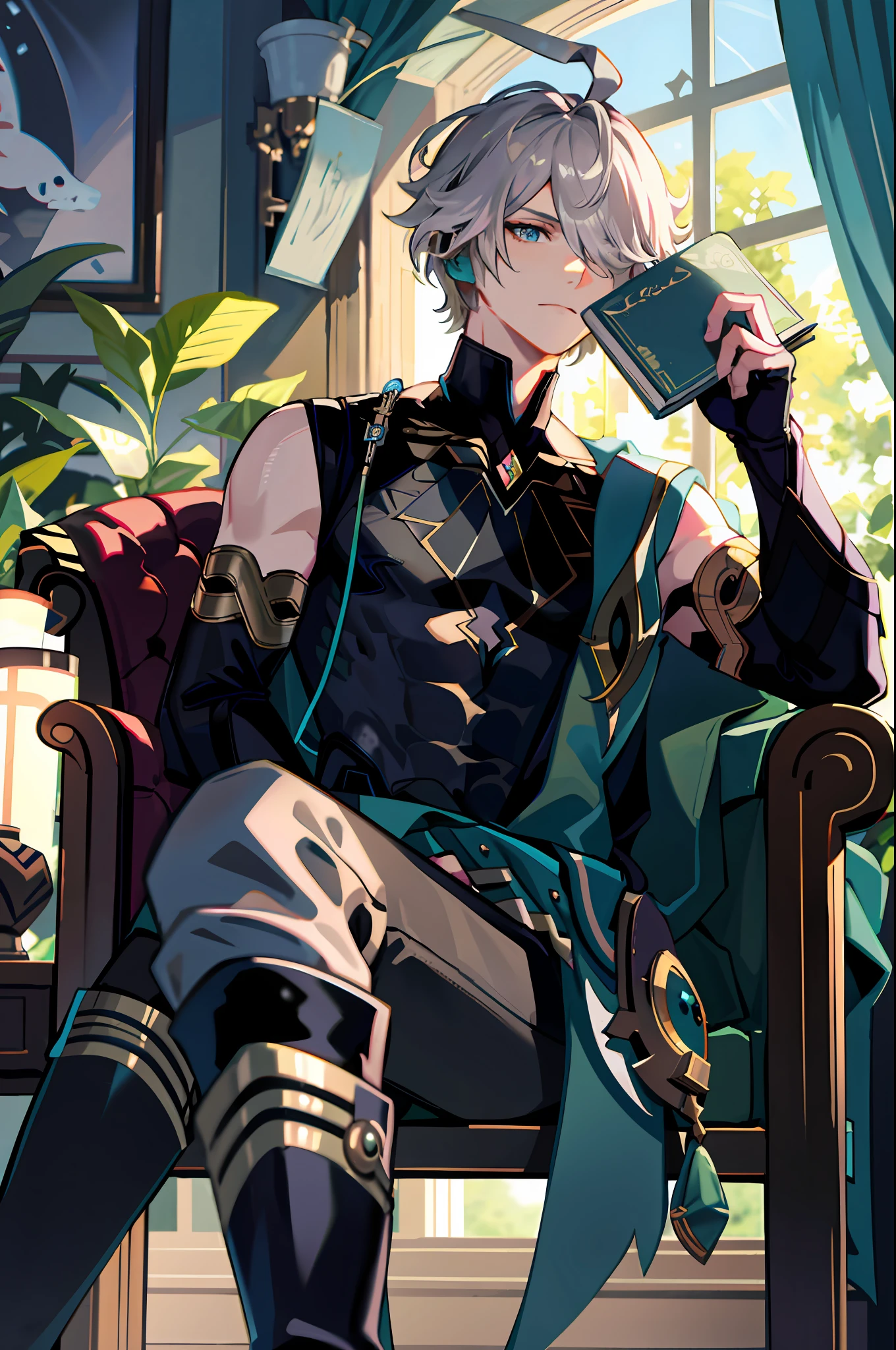 masterpiece, best quality,alhaitham\(genshin impact\), 1boy, male focus, window, book, shirt, solo, gloves, sleeveless shirt, sitting, grey hair, sleeveless, holding, ahoge, curtains, holding book, black shirt, open book, bangs, hair over one eye, black gloves, indoors, fingerless gloves, black pants, pants, swept bangs, boots, bare shoulders, short hair, blurry, knee up, elbow gloves,(kbxll:0.6), detailed, focus on face, accurate face