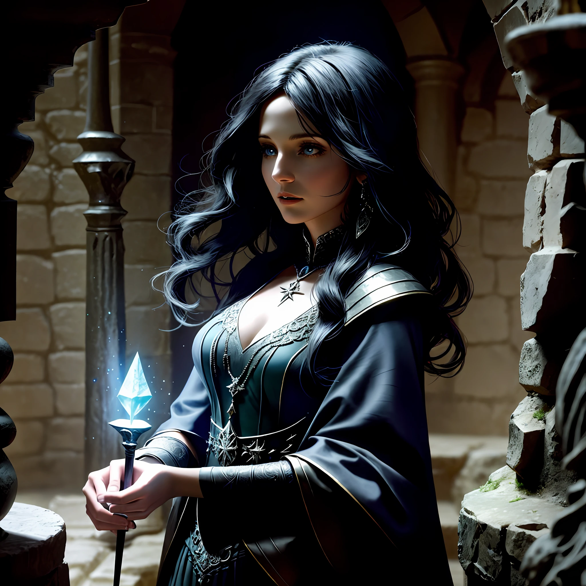 Close-up A sorceress in the dungeon of a castle doing spells, cinematic, dramatic