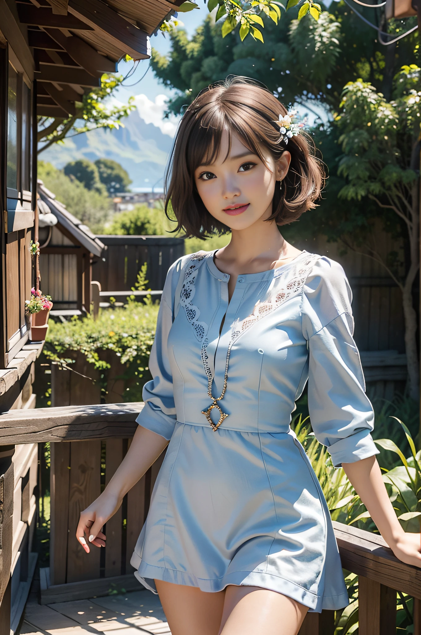 (1 woman: 1.4), (RAW photo: 1.2), (photorealistic: 1.4), (masterpiece: 1.3), (best quality: 1.4), ultra high resolution, (detailed eyes), (detailed facial features), (detailed clothing features), HDR, 8k resolution, camera angle from below, bangs, skin tightness, (shiny skin), (slender girl), dreamy,
(extreme detailed view), confirmation of commentary, request for commentary, landscape of Tahiti, no text,
Virtual Girl - Rin, Small Tits, Various Pose, Bob Hair, Short Hair, Brown Hair, Brown Eyes,
1 girl, small hips, colorful, mini dress with complex design, New York street, travel, business, sunlight through the trees,
Happiness, smile,