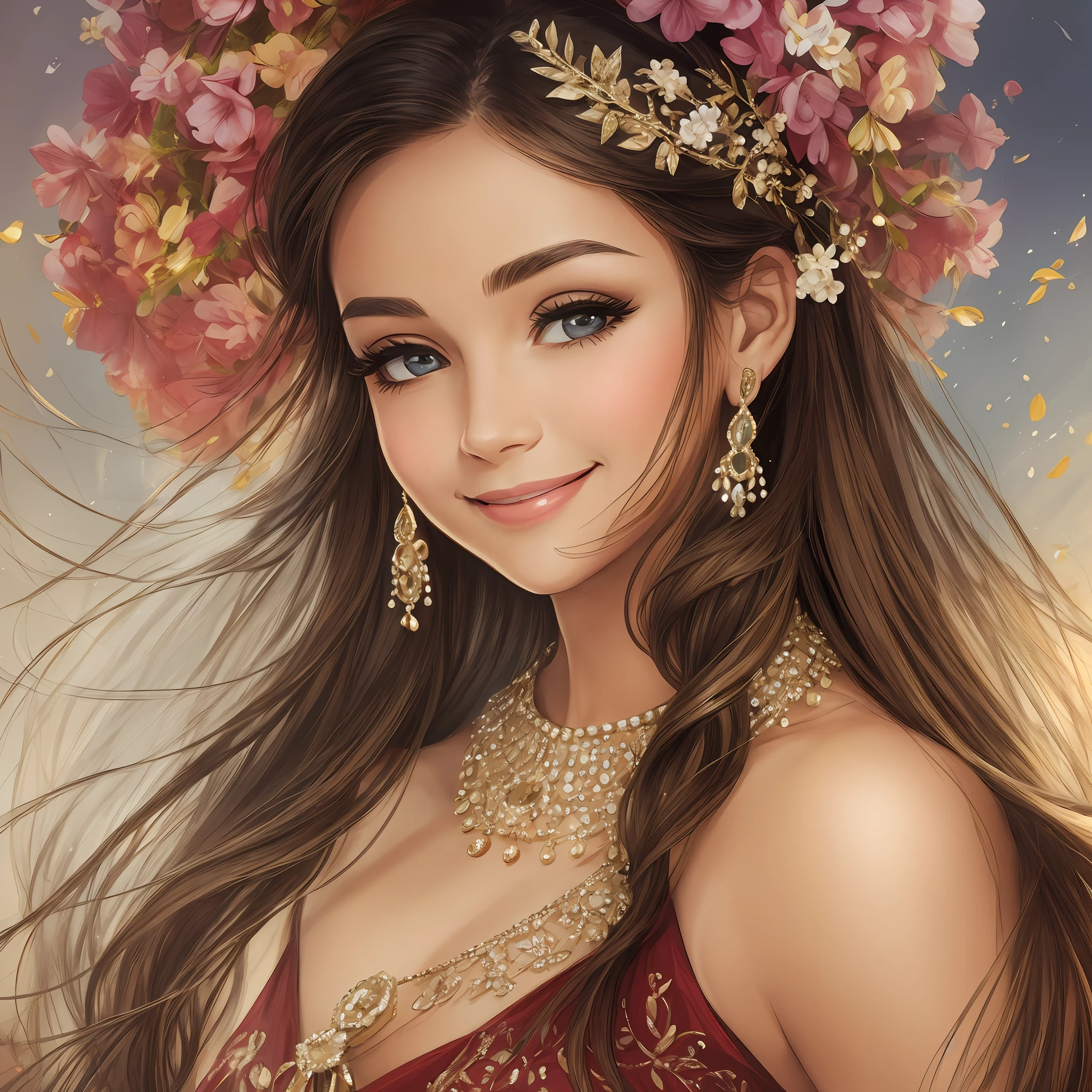 An elegant woman, smile on her lips, happy expression