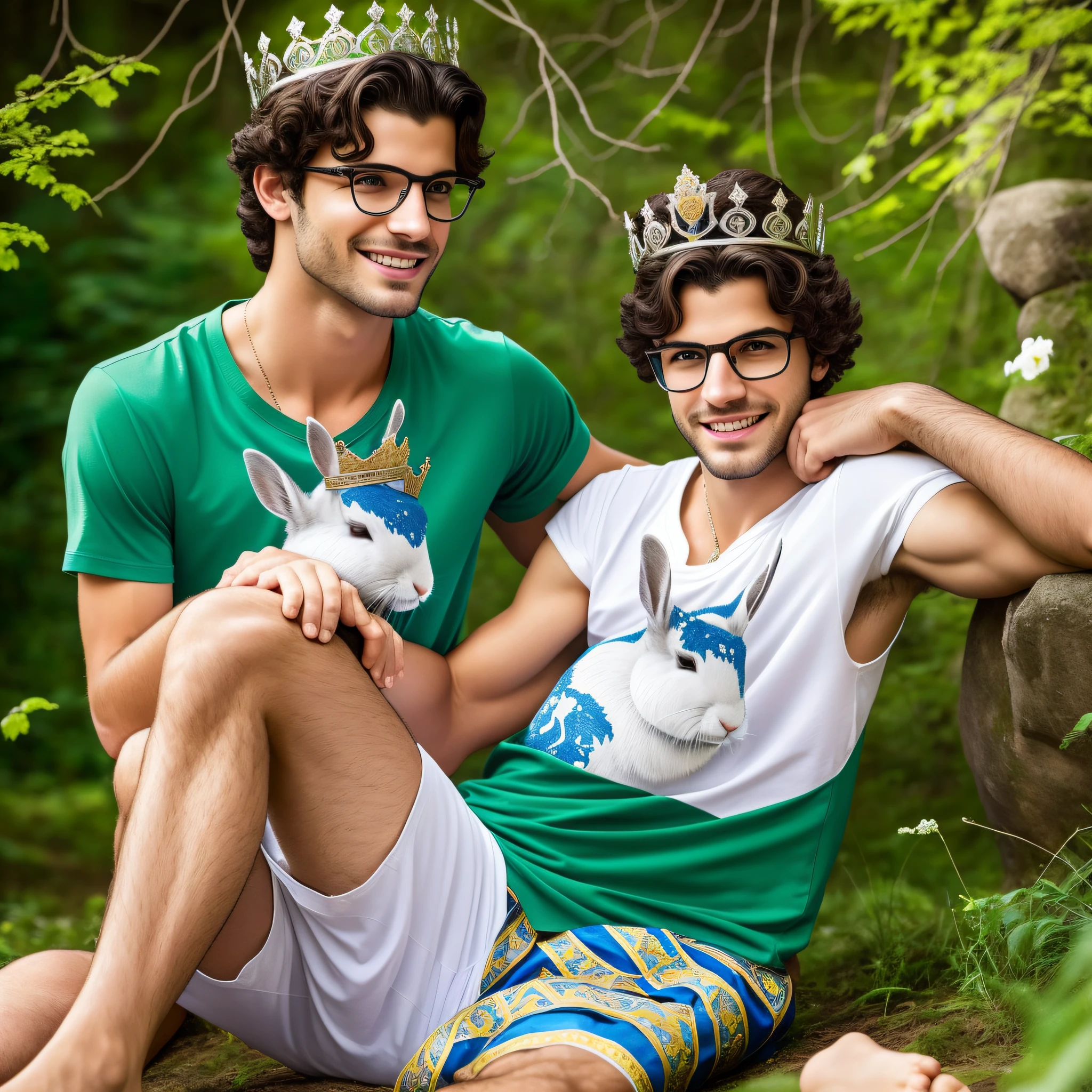 Two 25-year-old princes are in the photo holding hands, different nationality. Brazilian Prince 1 - Moreno, Brazilian, dark hair, green eyes, healed abdomen, wears croped, wears a small male crown, bites his lips. Prince 2 Danish - Blonde from Denmark, blue eyes, wears a T-shirt with a rabbit design, is shorter, wears a small prince's crown, is smiling, wears glasses. In the background a castle. They wear shorts and are barefoot. --auto --s2