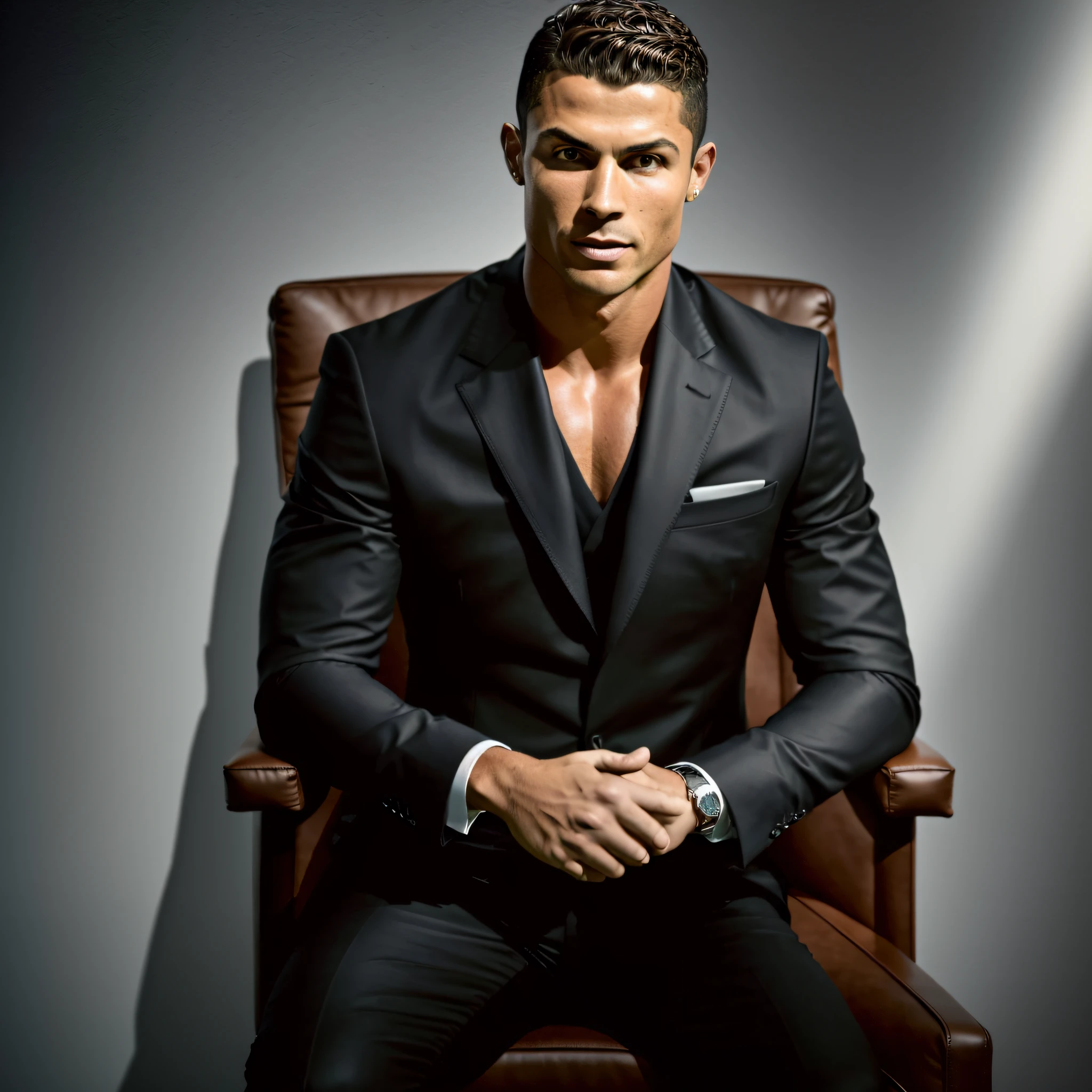 A realistic photograph of Cristiano Ronaldo in a studio setting. Ronaldo is sitting in a dark brown leather armchair, wearing a flawless black suit. The focus is on Ronaldo's face, capturing every detail of his expression, his unique features and his intensity. The lighting is soft, highlighting the subtle shadows on his face and highlighting his piercing eyes. The surrounding environment is minimalist, with a neutral wall as a backdrop, allowing attention to focus entirely on Ronaldo. Photography, 50mm full-frame lens, --air 3:2 --v 5