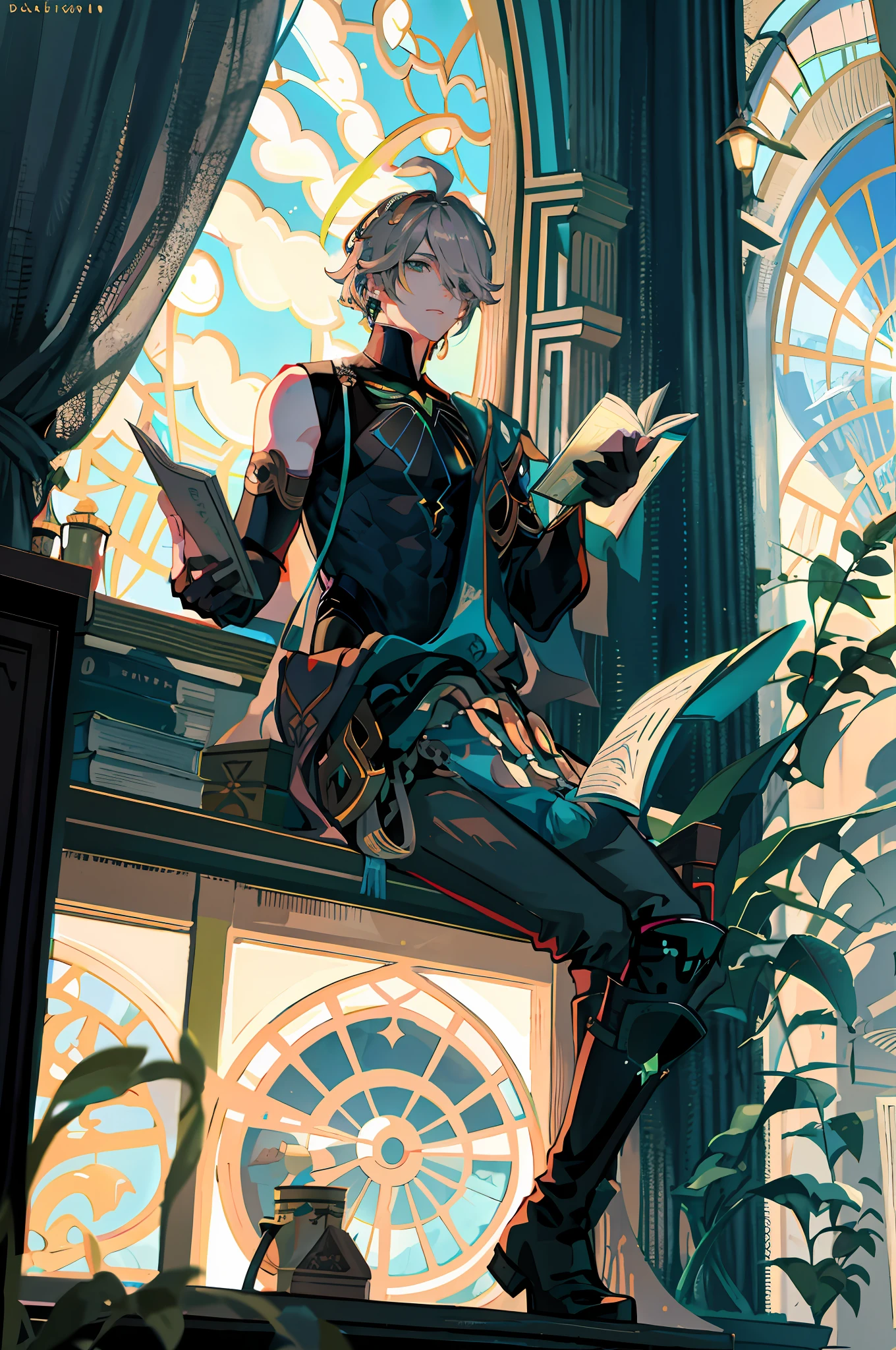 masterpiece, best quality,alhaitham\(genshin impact\), 1boy, male focus, window, book, shirt, solo, gloves, sleeveless shirt, sitting, grey hair, green eyes, sleeveless, holding, ahoge, curtains, holding book, black shirt, open book, bangs, hair over one eye, black gloves, indoors, fingerless gloves, black pants, pants, swept bangs, boots, bare shoulders, short hair, blurry, knee up, elbow gloves,(kbxll:0.6)