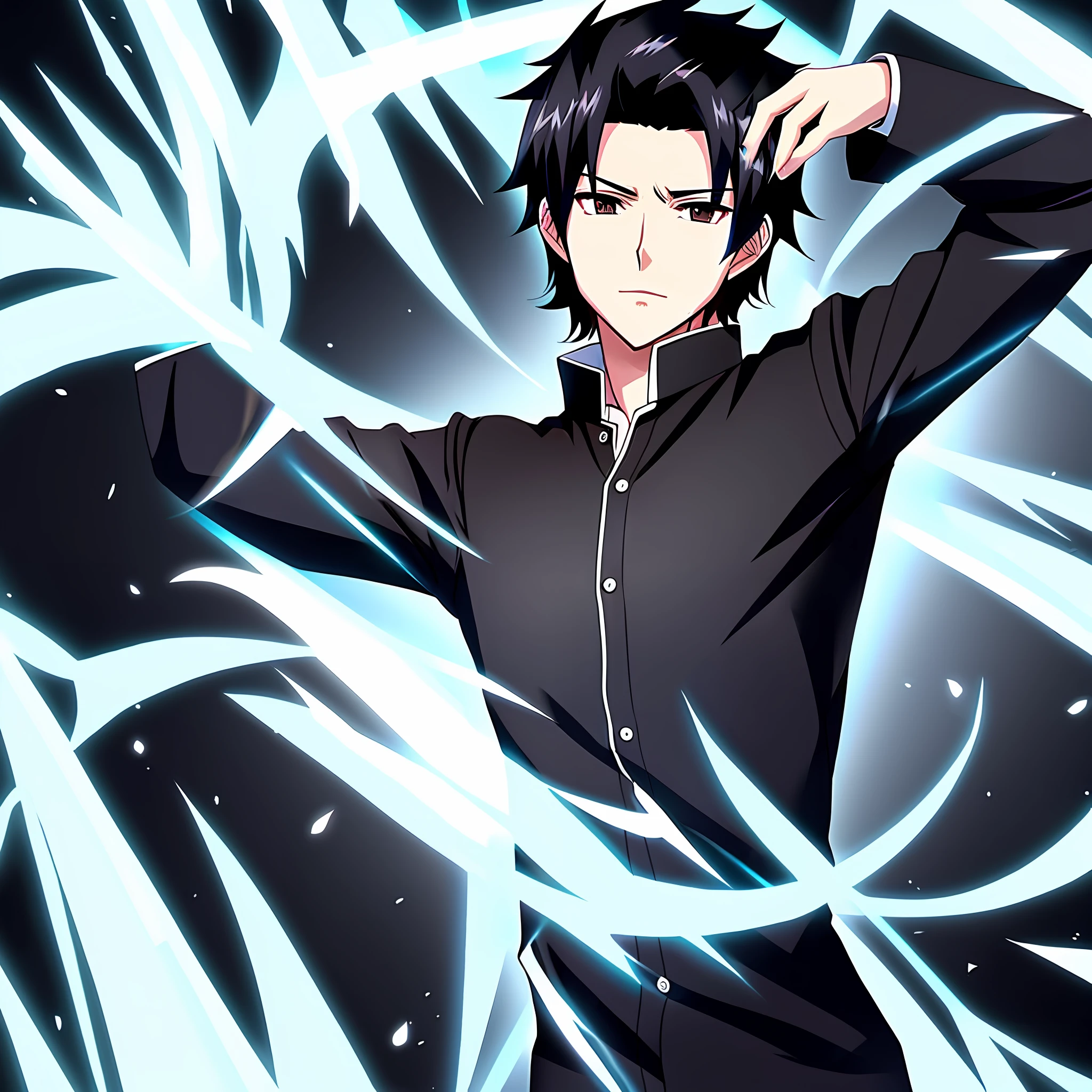 Cartoon of young man with black hair anime style black shirt man and cold and serene look