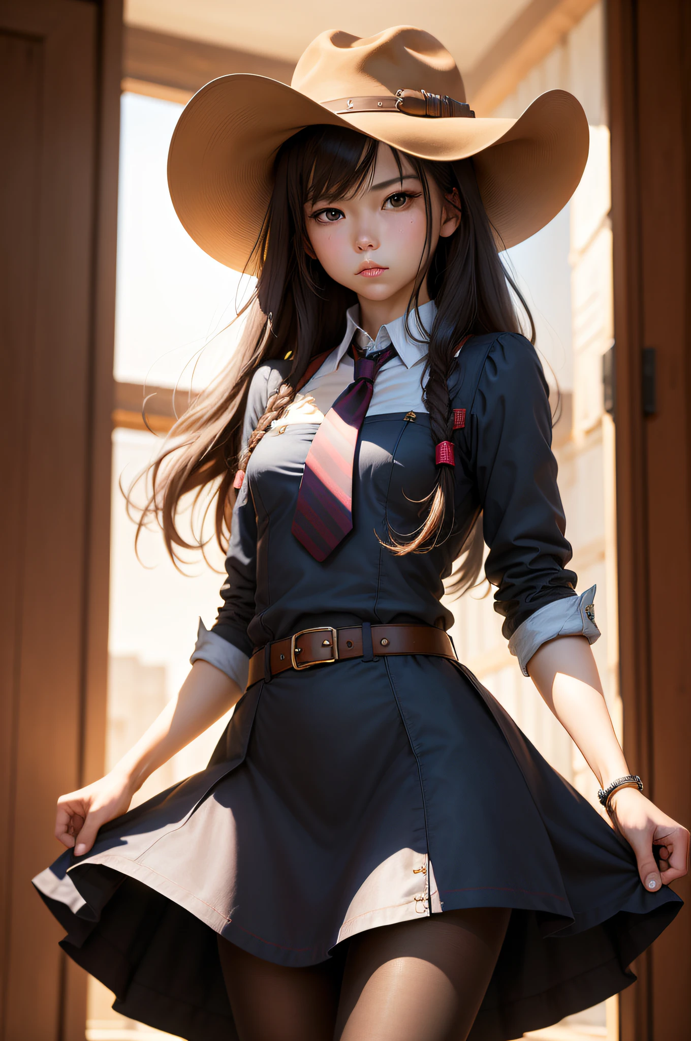 (masterpiece, best quality:1.2), cowboy shot, solo, 1girl, mash kyrielight, expressionless, closed mouth, looking at viewer, long hair, dress, necktie, pantyhose