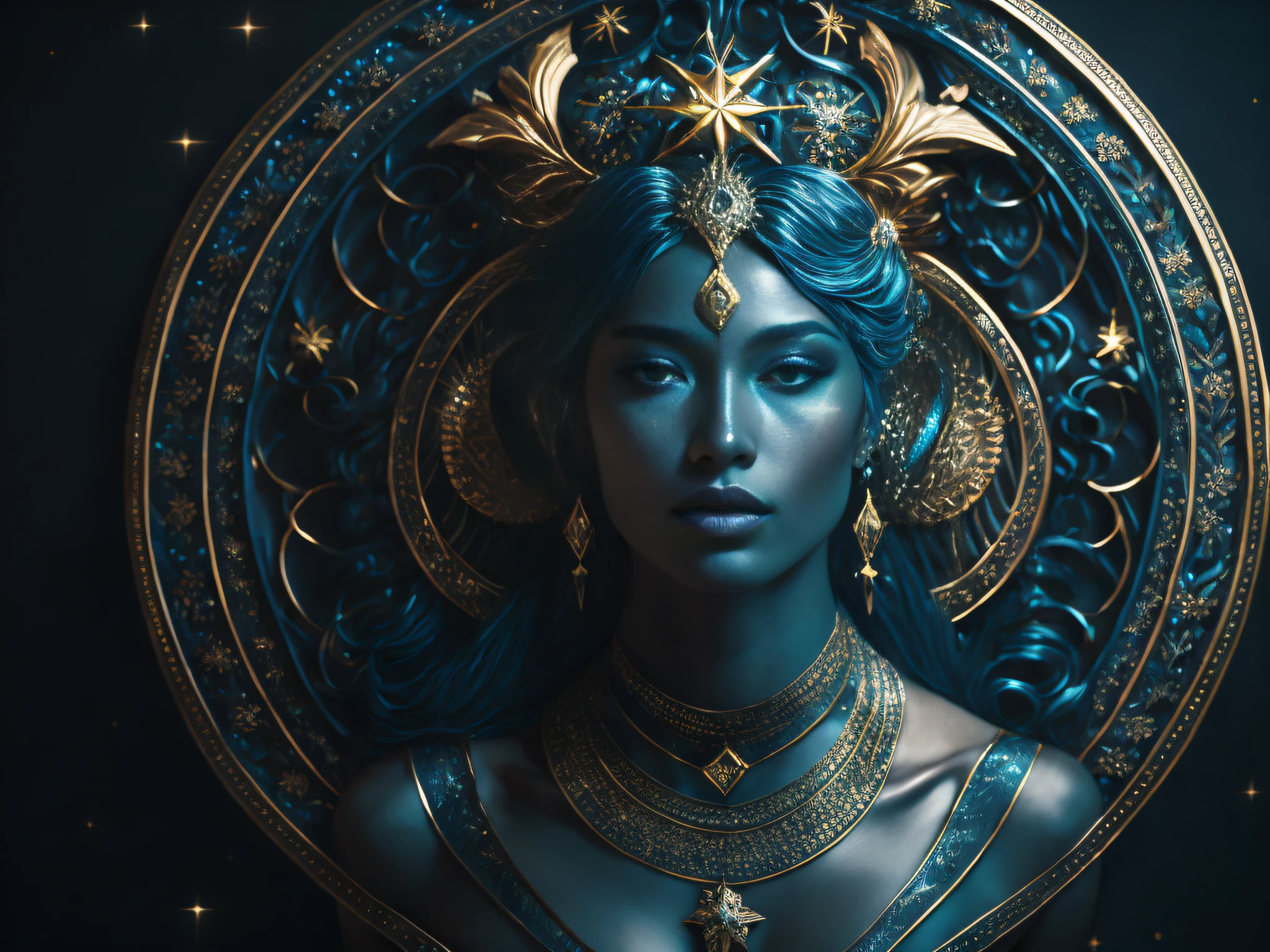 the zodiac sign vi with a woman's face surrounded by stars, beautiful detailed intricate, fantasy art style, seven stars in right hand, cyan and gold scheme, sculpture of persephone, avatar image, dark vignette, venus, louis xiv, full profile, centered elven, beautifully designed character,(8k, RAW photo, best quality, masterpiece:1.2), ulra high res, photorealistic:1.4),Cinematic Light,(soft volumetric lighting:1.2), (realistic, photo-realistic:1.37), detailed skin,professional lighting,Photography, Sharp focus, detailed ,professional lighting, photon mapping, detailed and intricate environment,highly detailed,best quality,8k artistic photography, photorealistic concept art, soft natural volumetric cinematic perfect light,MIDJOURNEY,3DMDT