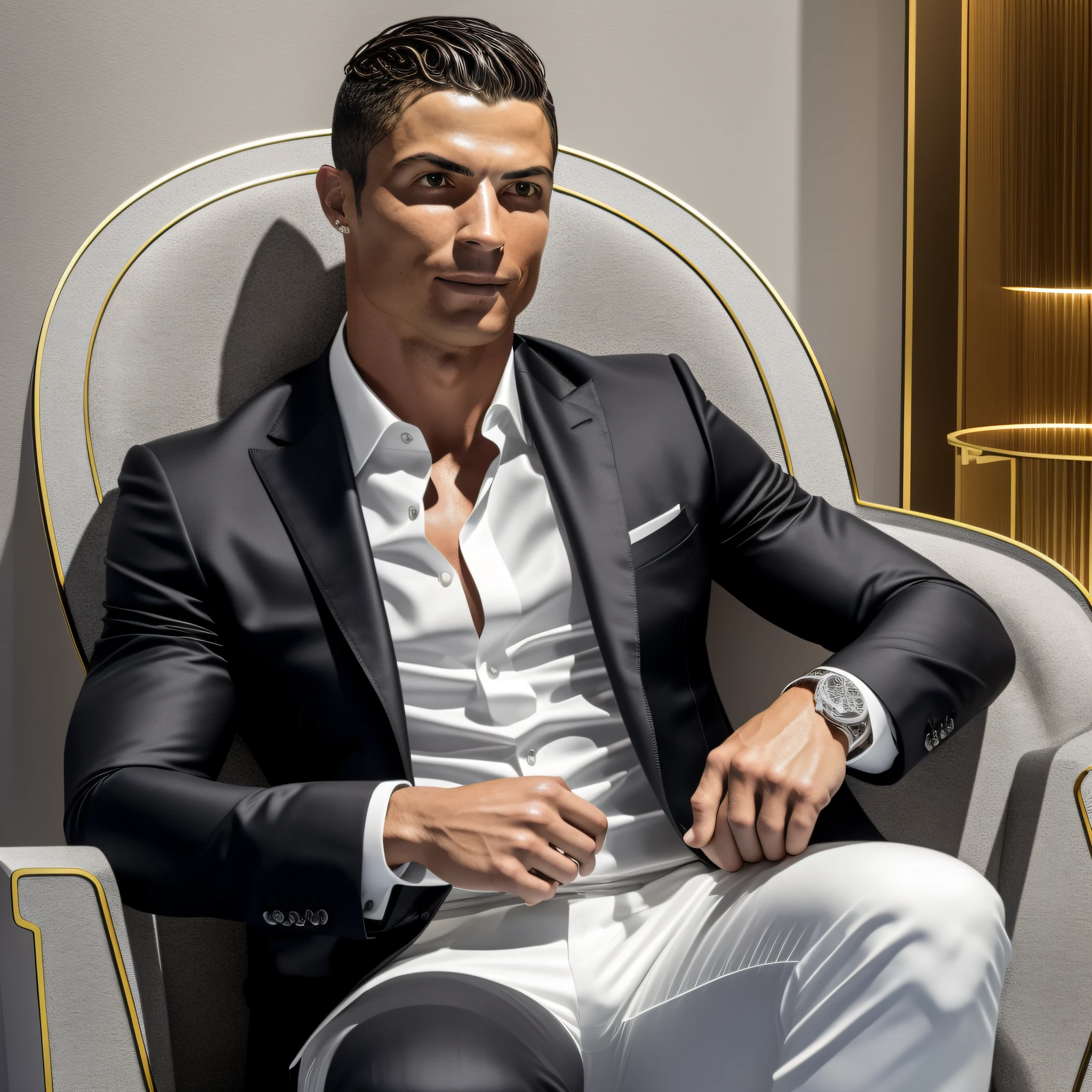 Cristiano Ronaldo is sitting in a modern, minimalist armchair, wearing an elegant black suit with a white silk scarf in his pocket. He keeps his gaze fixed on the camera, conveying confidence and charisma. His face is illuminated by a soft light, highlighting his striking features, his bright eyes and his determined expression. The surrounding environment is futuristic, with mirrored walls and colorful LED lights, creating a contemporary look. 3D sculpture, performed by digital modeling and resin printing, --air 16:9 --v 5