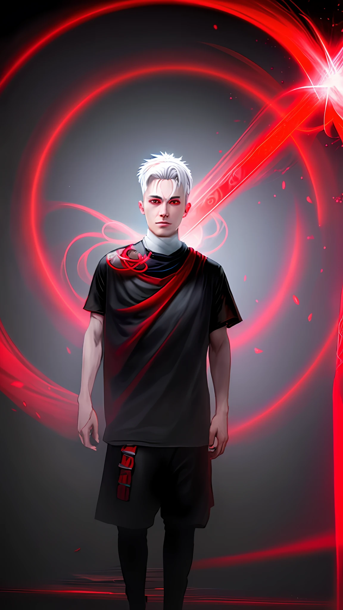 upper body, 1boy, white hair, red eyes, (ninja), katana, scarf, wallpaper, magic circle background, light particles, red fire,