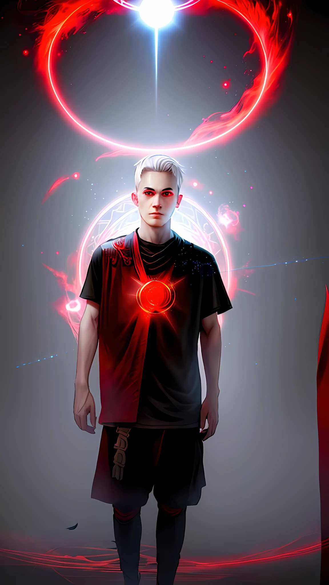 upper body, 1boy, white hair, red eyes, (ninja), katana, scarf, wallpaper, magic circle background, light particles, red fire,
