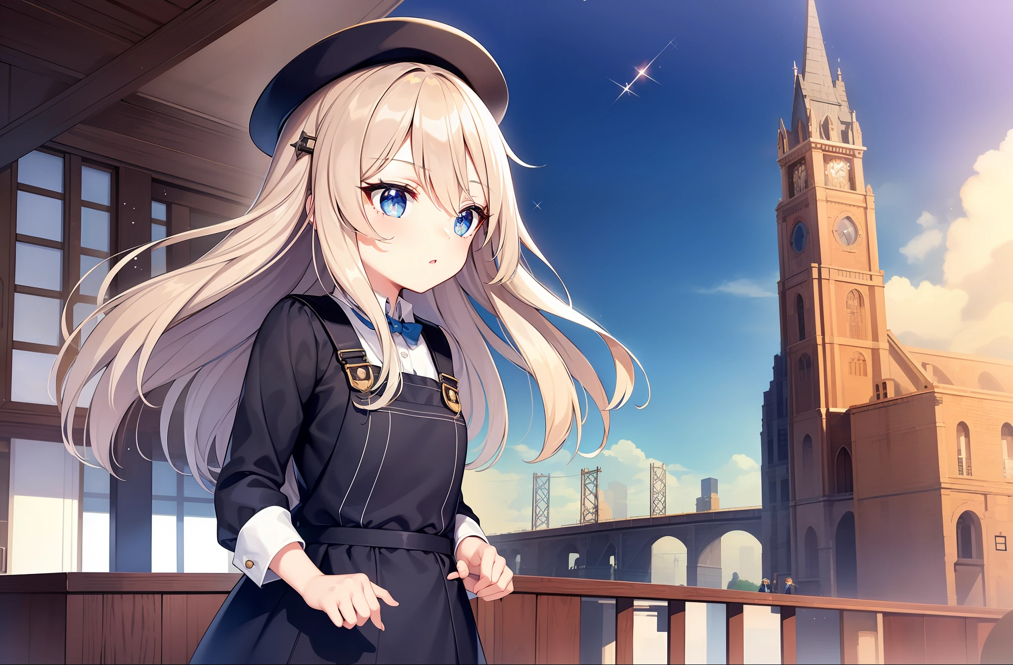 1 girl, young girl, detailed eyes, sparkling eyes, beautiful hands, highly detailed hands, straight hands, masterpiece, best quality, shiny skin, shiny hair, train conductor clothes, overalls, conductor hat, train, steam engine, long hair, straight hair, hair between eyes, hazel eyes, blue sky