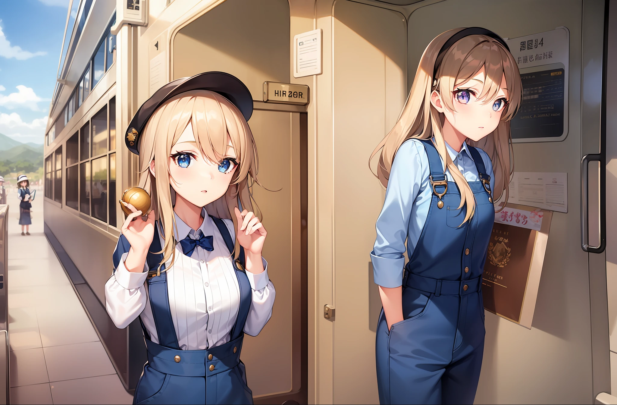 1 girl, young girl, detailed eyes, sparkling eyes, beautiful hands, highly detailed hands, straight hands, masterpiece, best quality, shiny skin, shiny hair, train conductor clothes, overalls, conductor hat, train, steam engine, long hair, straight hair, hair between eyes, hazel eyes, blue sky